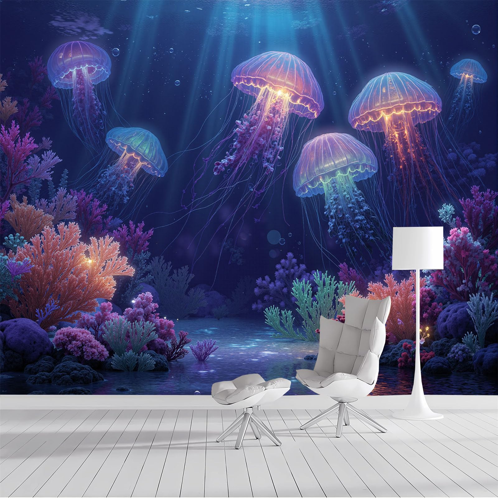 Papier peint paysage animalier bleu foncé méduse océanique 3D