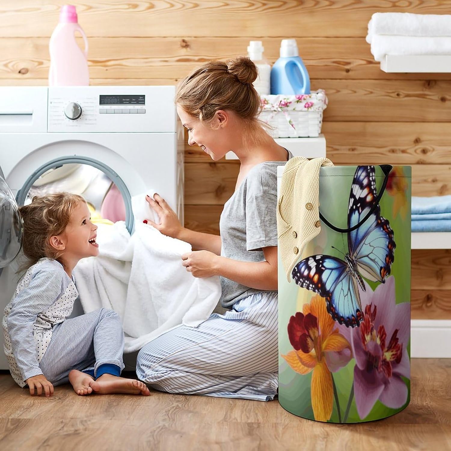 Flower Butterfly Laundry Hamper with Handles Freestanding Large Laundry Basket Collapsible Clothes Hamper Waterproof Clothes Basket for Family Bathroom Decor Storage 86L