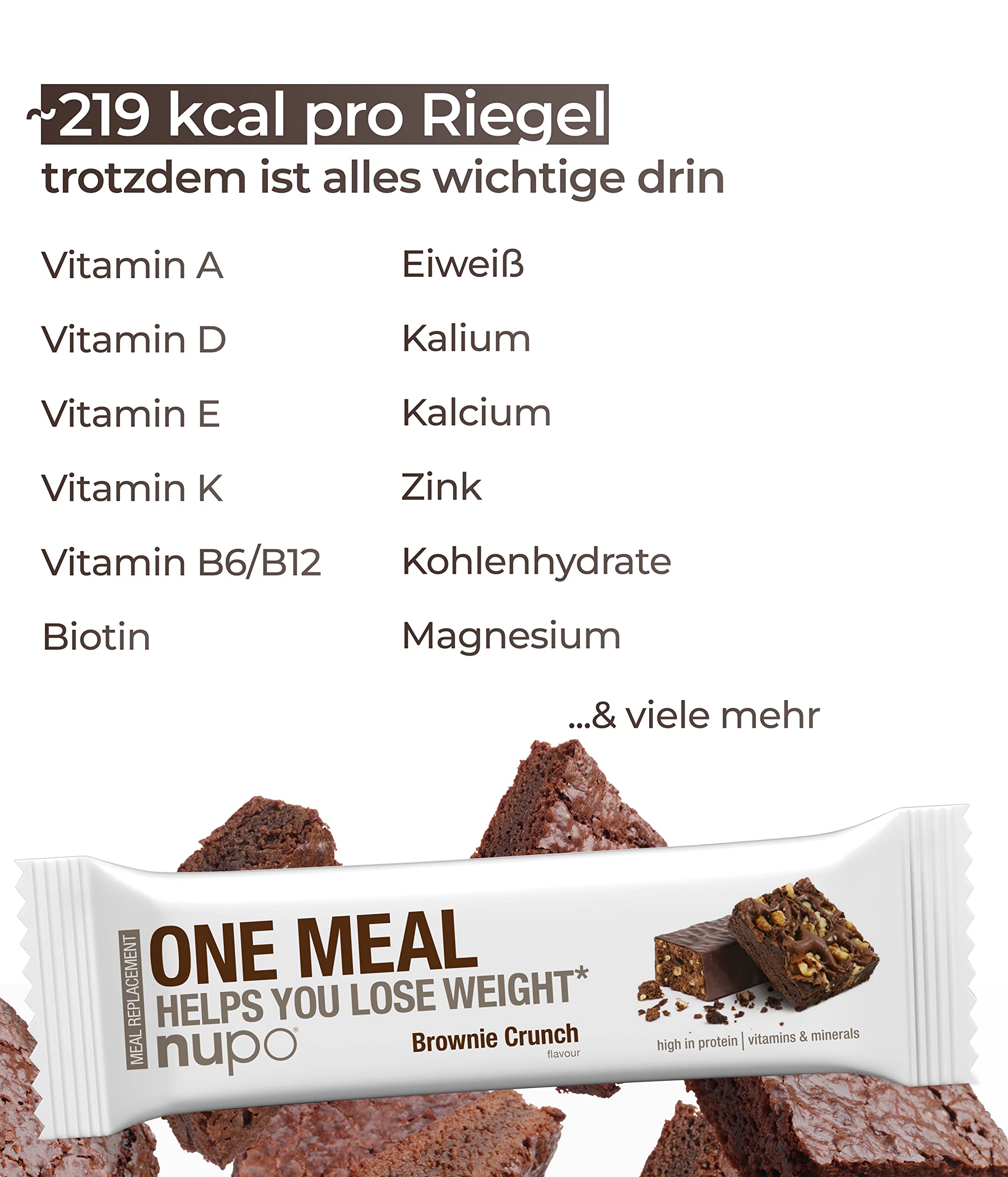 NUPO® One Meal Bar [Brownie Crunch - 24 Stk.] - Mit Nährstoffen, Vitamine & Mineralien - Diät Riegel Snack zum abnehmen - Fitness low carb Riegel - Mahlzeitenersatz Riegel - Diet Riegel