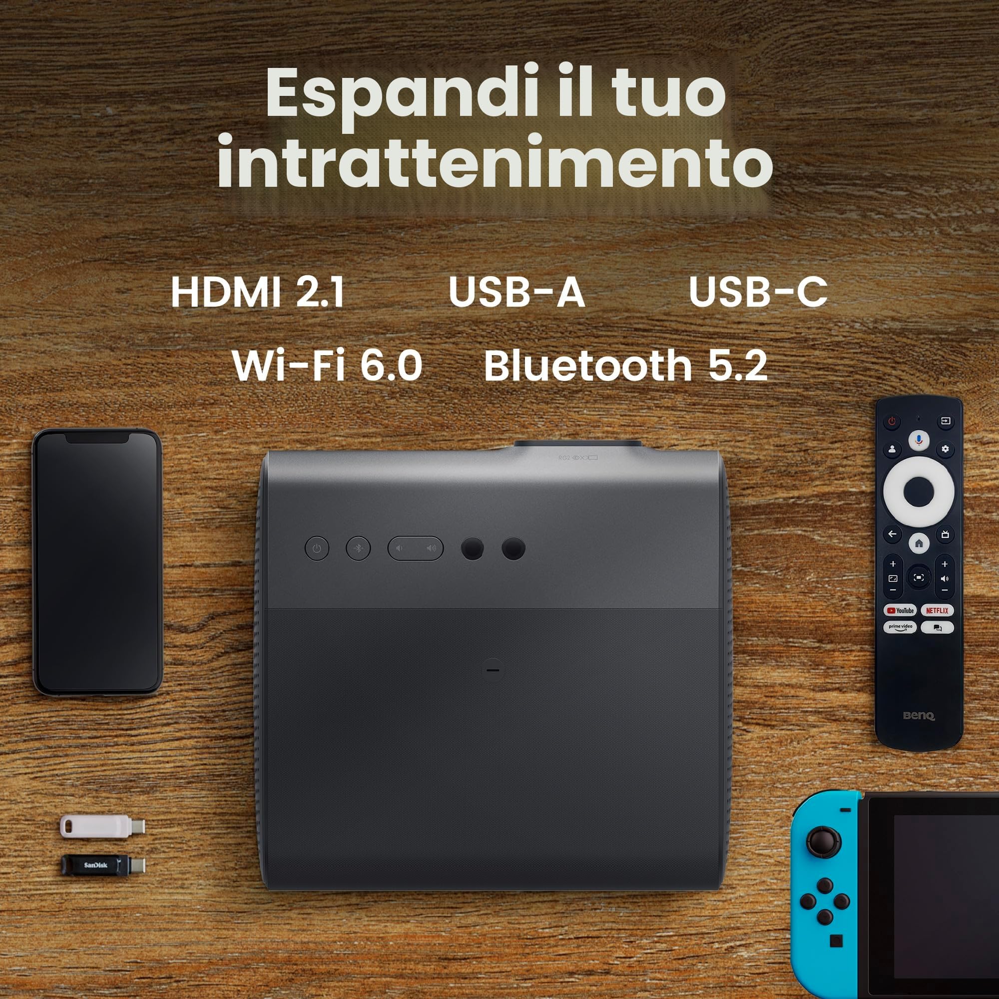 BenQ GP520 - Proiettore LED 4K HDR da 2600 lm per intrattenimento domestico, Google TV integrata, modalità Auto Cinema, MEMC, Rec.709, HDR10+, HDMI 2.1, USB-C, Wi-Fi, Bluetooth 5.2, eARC, Dolby