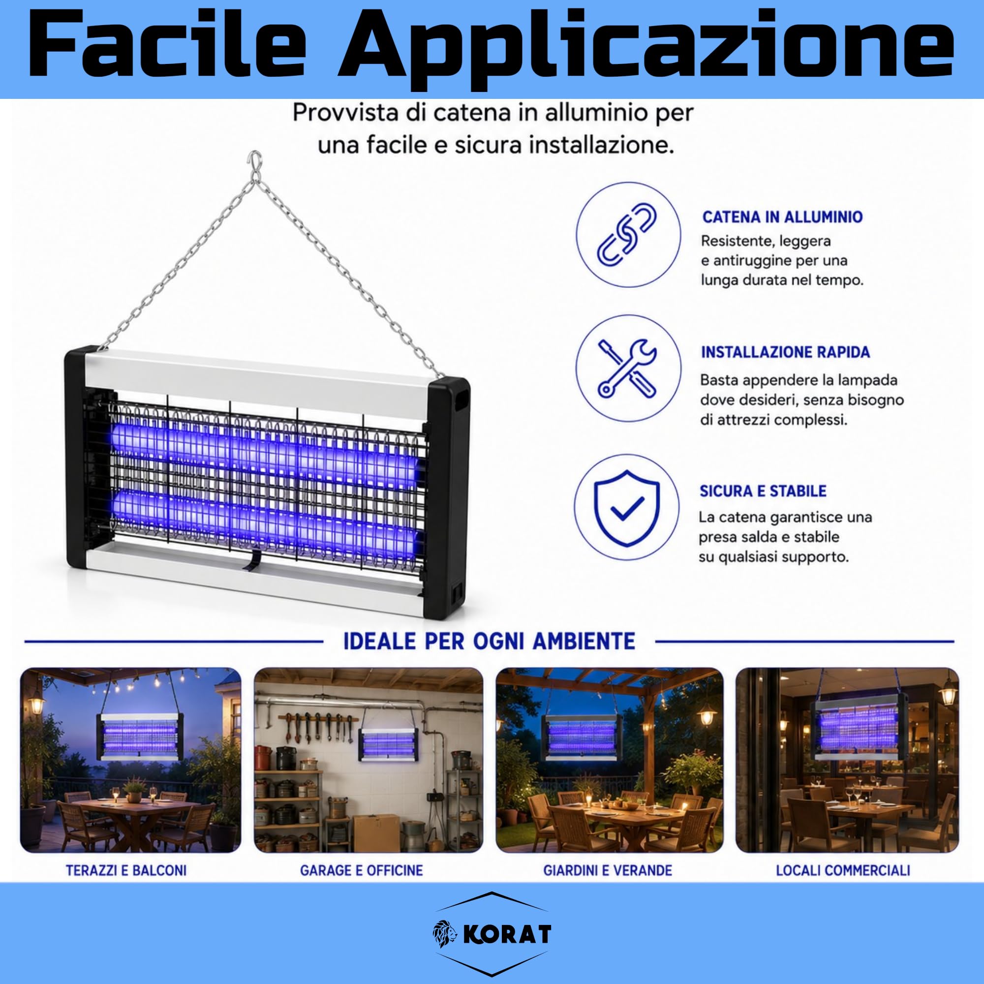 KORAT Lampada Zanzare Elettrica LED UV 2x5W, Zanzariera Elettrica Professionale con Griglia ad Alta Tensione, Vaschetta Estraibile, Silenziosa, per Casa, Ufficio, Negozio - 47,5x6x24 Cm