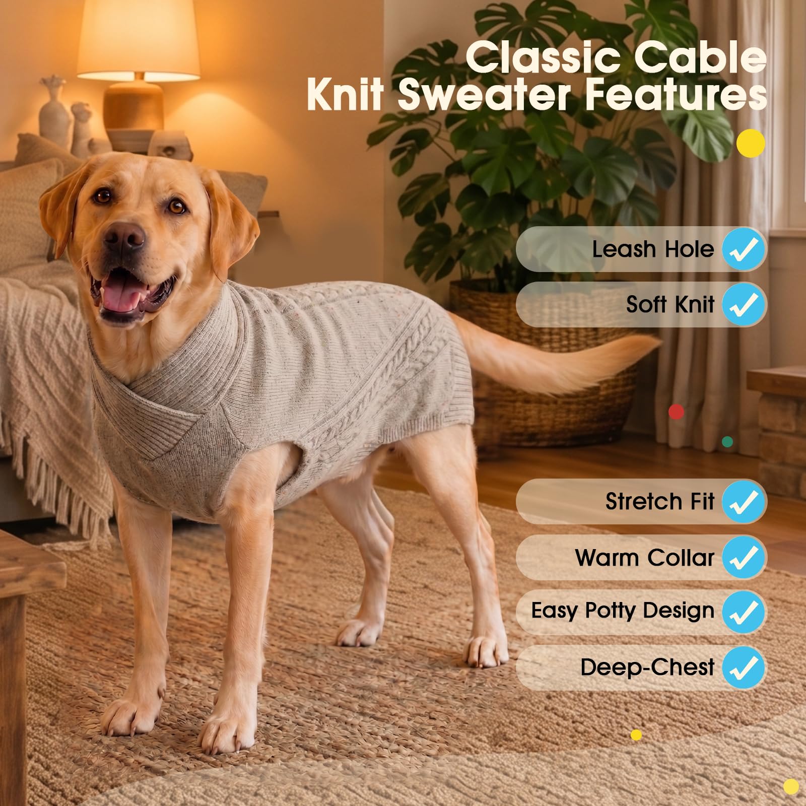 ROZKITCH Pull d'hiver en tricot torsadé pour chien avec col roulé – Chandail d'hiver doux et chaud avec trou pour laisse, pour chiens de petite, moyenne et grande taille, kaki, taille L