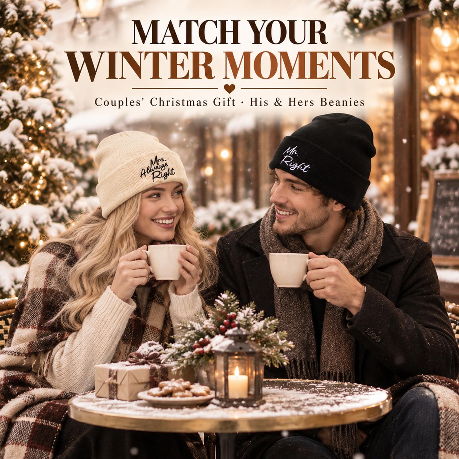Geyoga 2er Set Partner Wintermützen mit Spruch, Beige und Schwarz