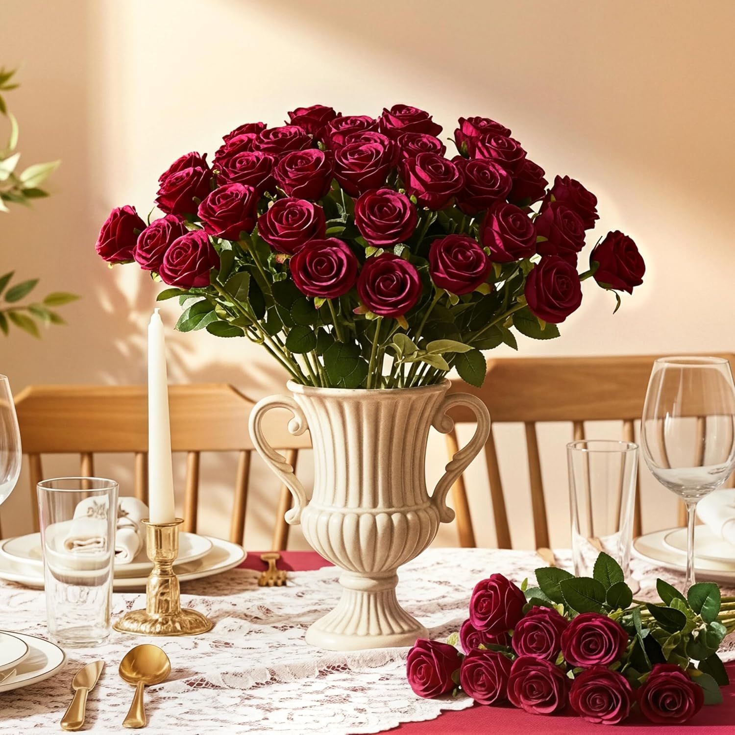 Auihiay 60PCS Burgundy Artificial Roses Bulk, Velvet Silk Fake Roses, Lifelike Burgundy Faux Rose for Mother's Day, Wedding Centerpieces, Cake, Bridal Bouquets, Anniversary, Home Decorations