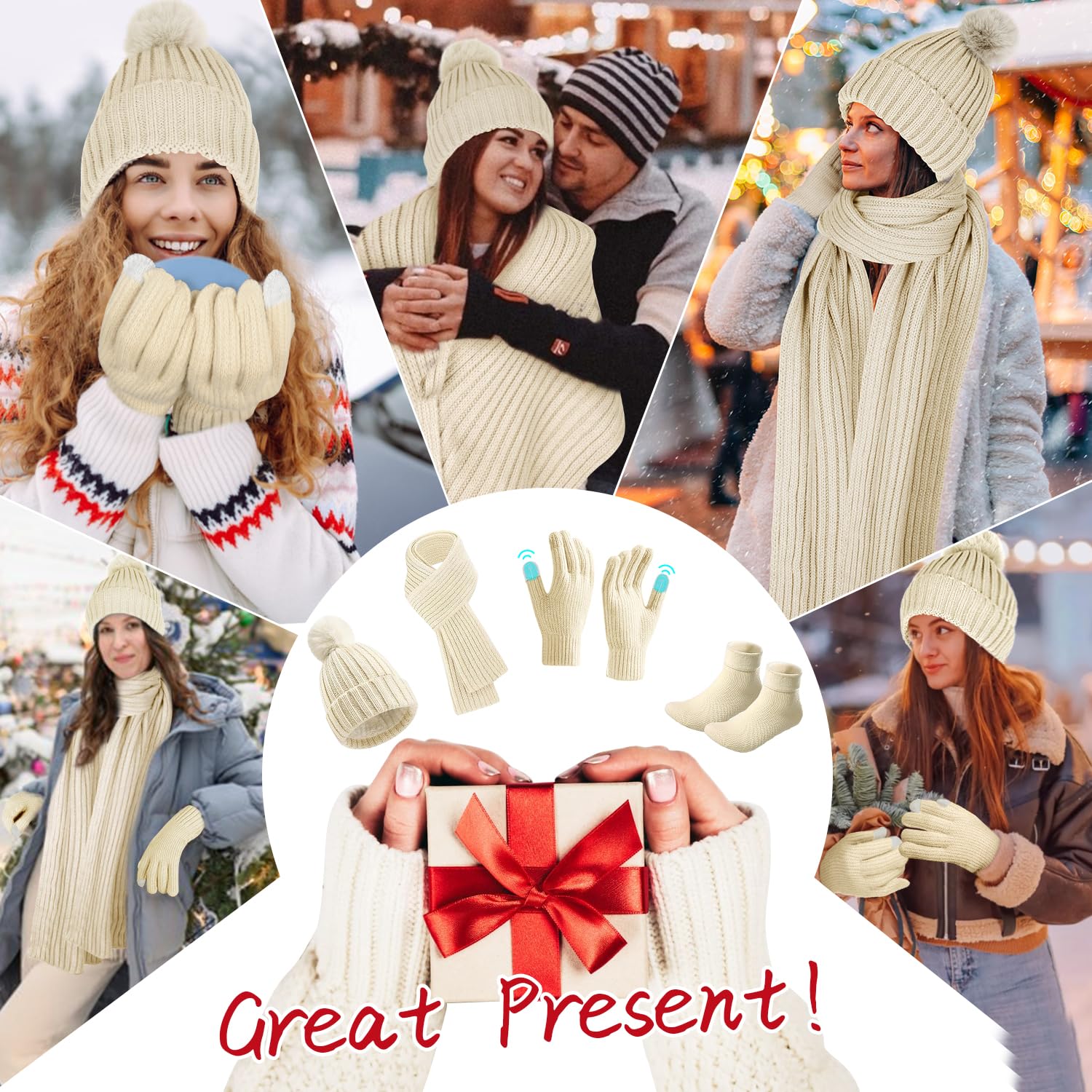 Ensemble Bonnet Echarpe Gant, 4pcs Ensemble Bonnet Echarpe Femme avec Gants Écran Tactile et Chaussettes Thermiques, Tricoter Bonnet Femme Hiver Pompom Coffret Cadeau pour Femme Sports Plein Air Hiver