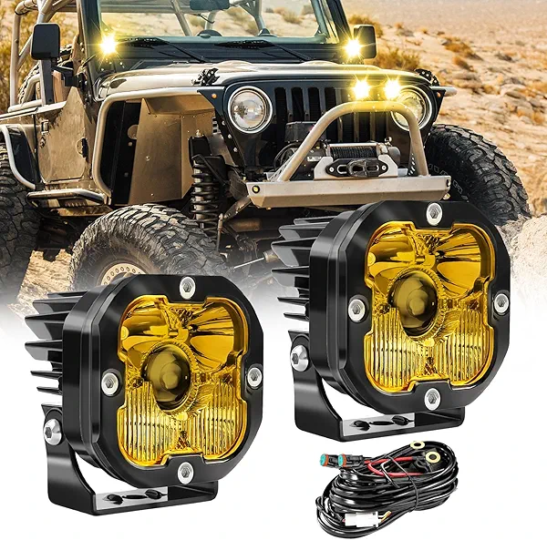 3 inch Yellow LED Fog Light Pods for Offroad Trucks Pickup Motorcycle UTV Amber Ditch/Rear Chasing/A-Pillar Lights 3000K 2PCS(+DT Wiring Harness)