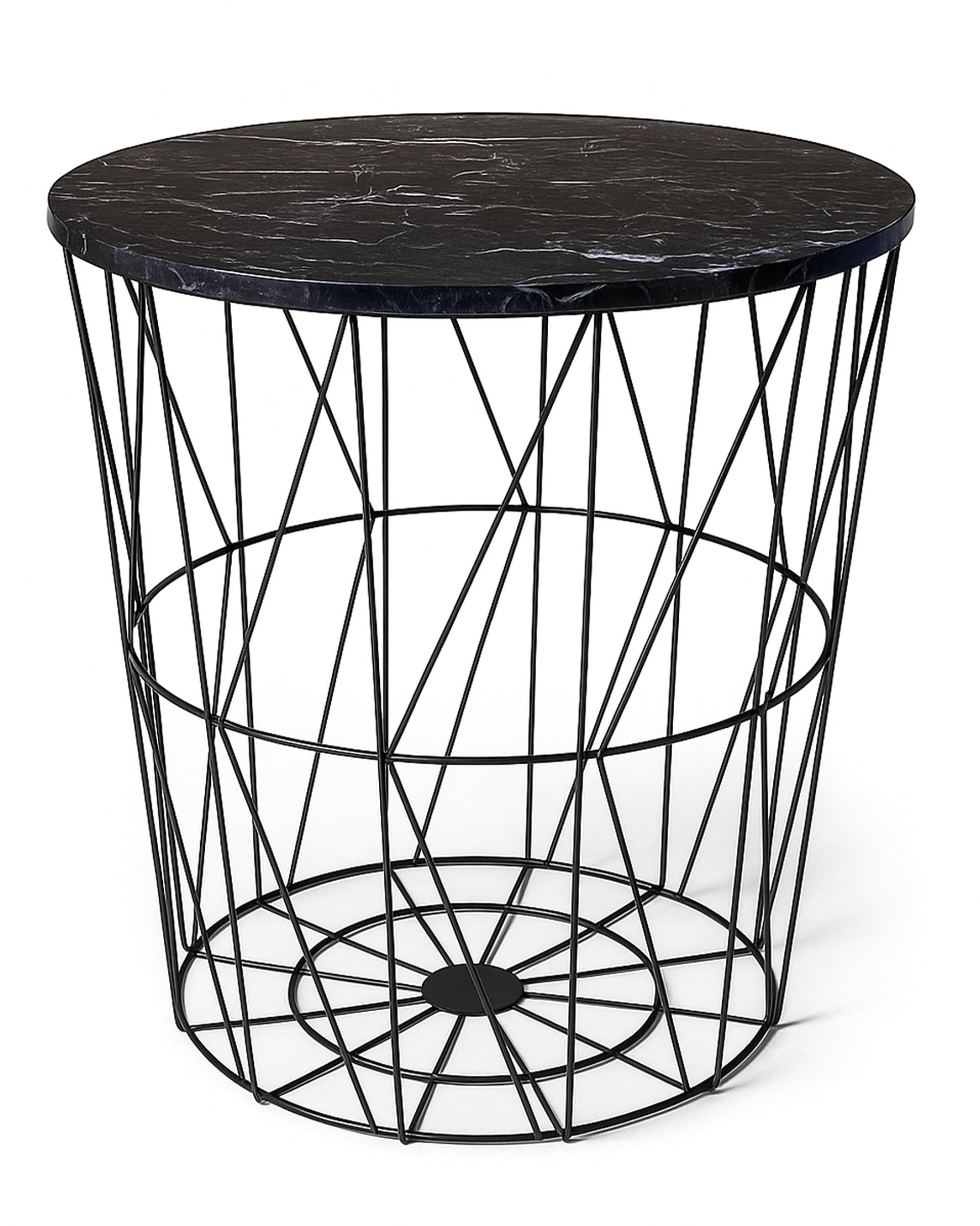 Round Side Table Wire Metal Storage Basket Modern Tea Nest Table with Removable Wood Top for Hallway, Living Room, Bedroom, or Office Decor Sidetable (Black Marble Pattern Lid, Medium) — image 1