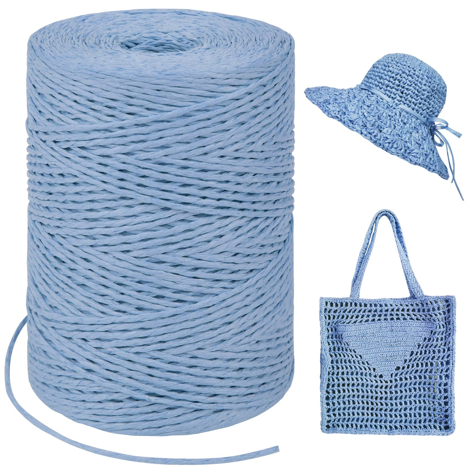 LEREATI Light Blue Raffia Yarn for Crochet Bags, 1.5mm x 300m Round String Raffia Ribbon for Gift Wrapping, Raffia Paper Ribbon Yarn for Crocheting Sun Hat, Bag, DIY Crafts, Holiday Decoration