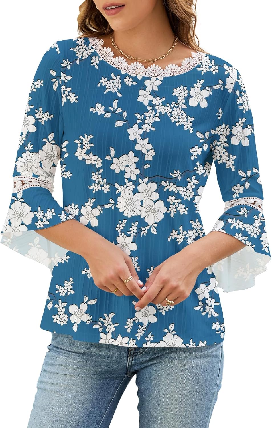 3/4 Sleeve Tops for Women Floral Print Fashion Blouses Loose Fit Tunic Top Bohemian Bell Sleeve T-Shirts Dressy Casual - Image 2