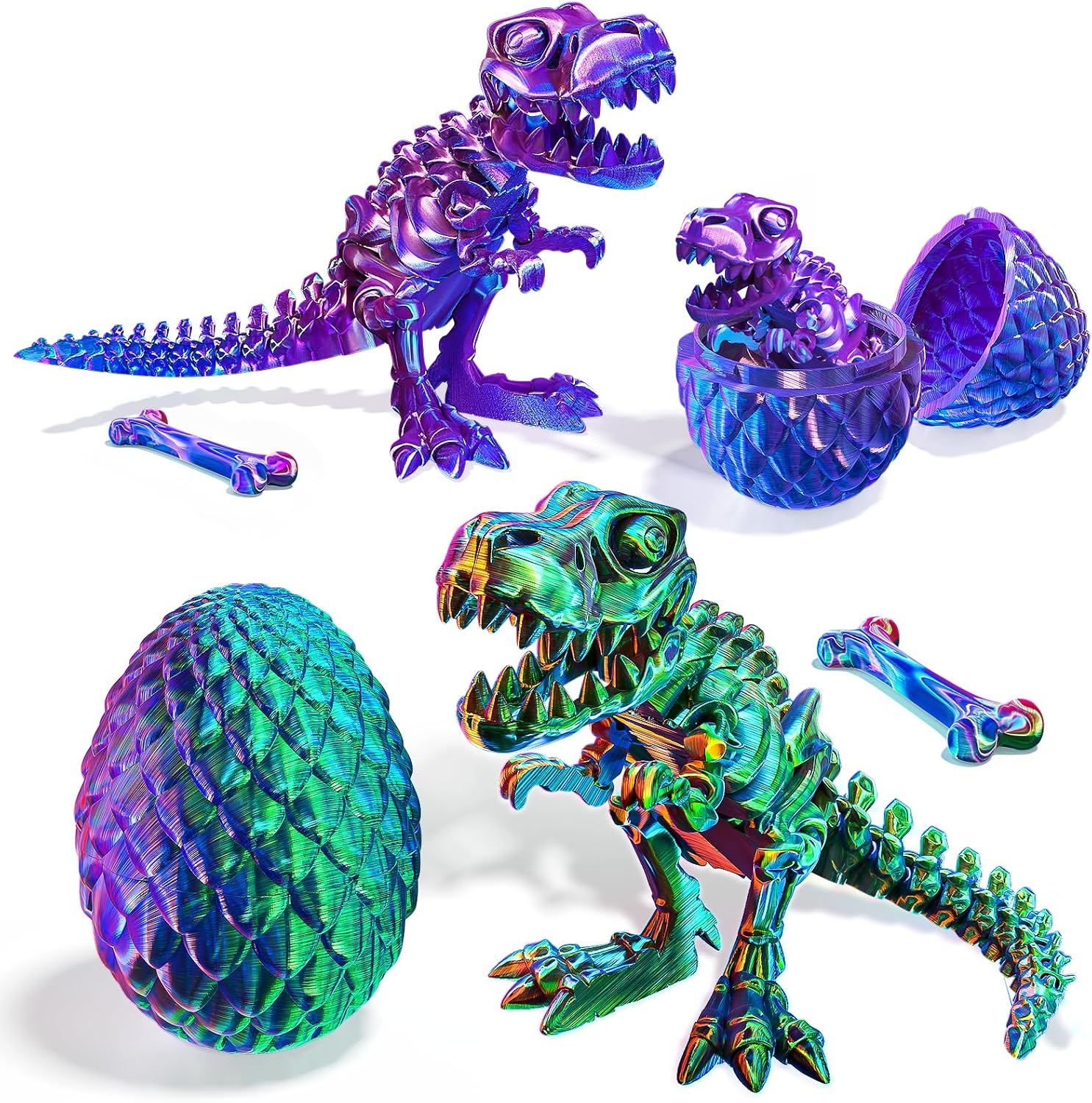 2 Packs Easter 3D Printed Dinosaur Toys for Boys 3-5 Years Skeleton T-Rex Figure with Large Storage Crystal Eggs Easter and Birthday Gifts Fidget Toys for 3 4 5 6 7 8 9 10 11 12 Years Old Boys Girls