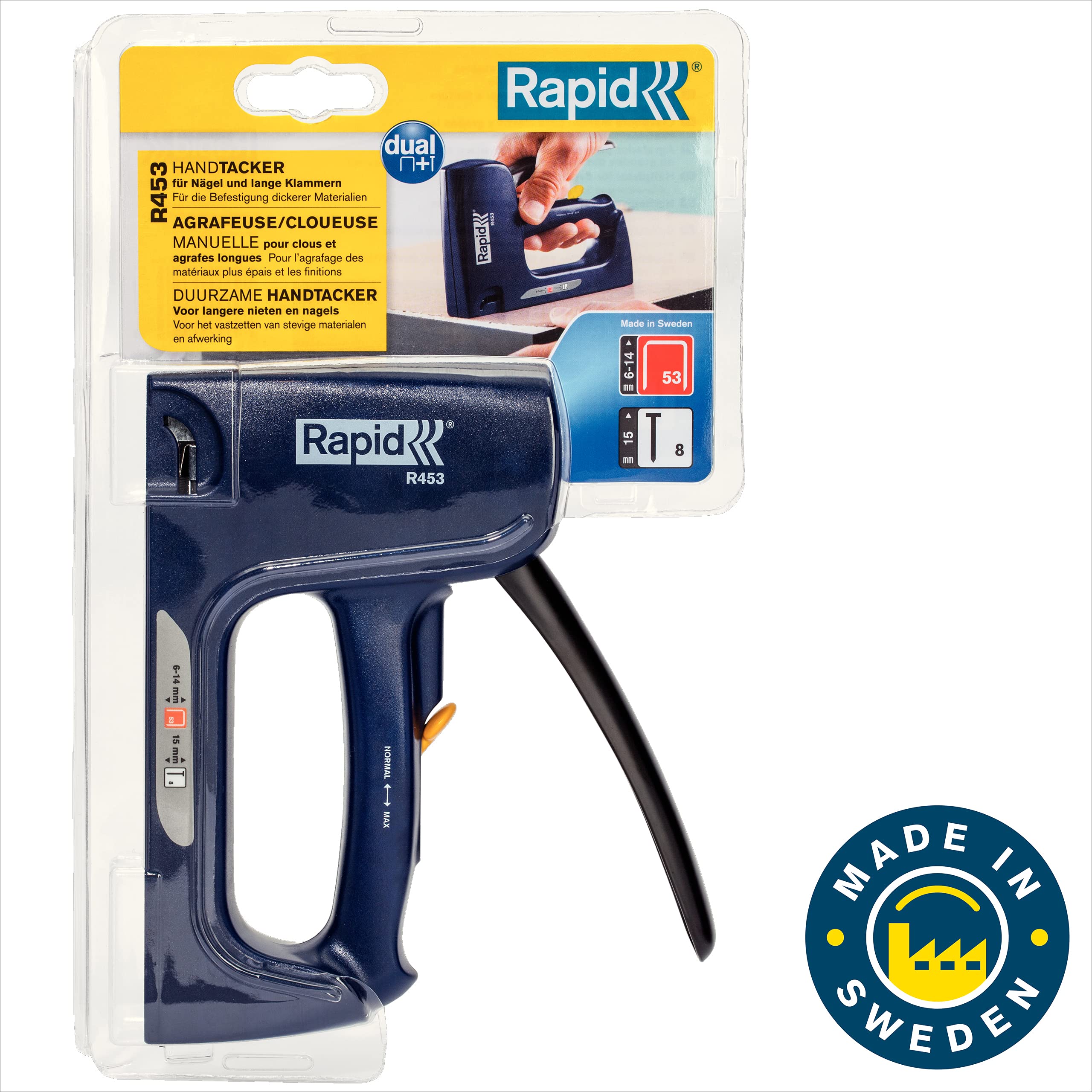 Rapid, Agrafeuse à main 2 en 1 pour Agrafes N ° 53 et bâtons n ° 8, Poignée ergonomique avec fonction de verrouillage, Pièces en acier usagables internes, Fabriqué en Suède