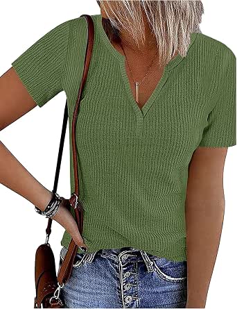 SweatyRocks Women's Ribbed Knit T-Shirt - Short Sleeve Split Hem Casual Tee For Everyday Wear - View #6