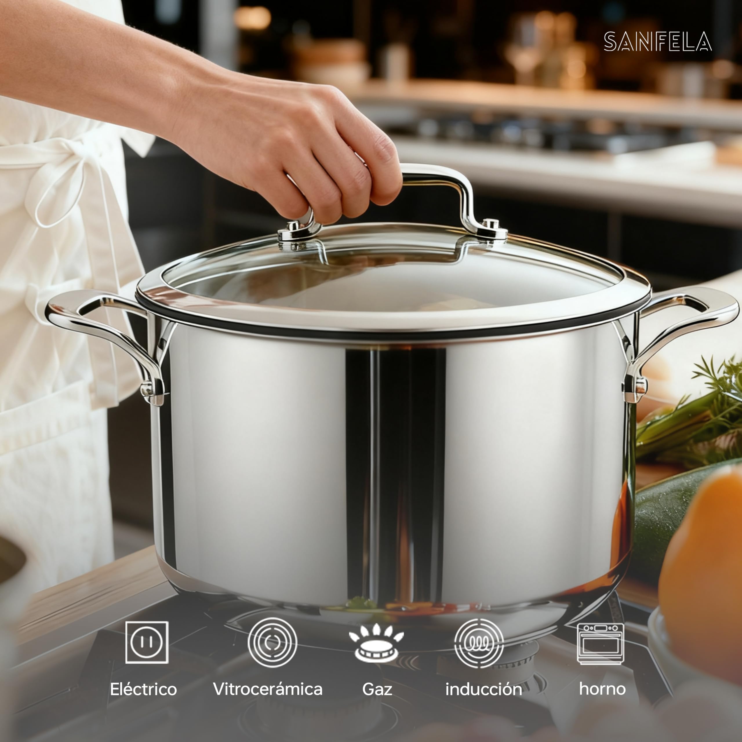 Olla de acero inoxidable SANFELA de 8 l/24 cm con tapa de cristal, utensilios de cocina de acero inoxidable de 5 capas, compatible con inducción