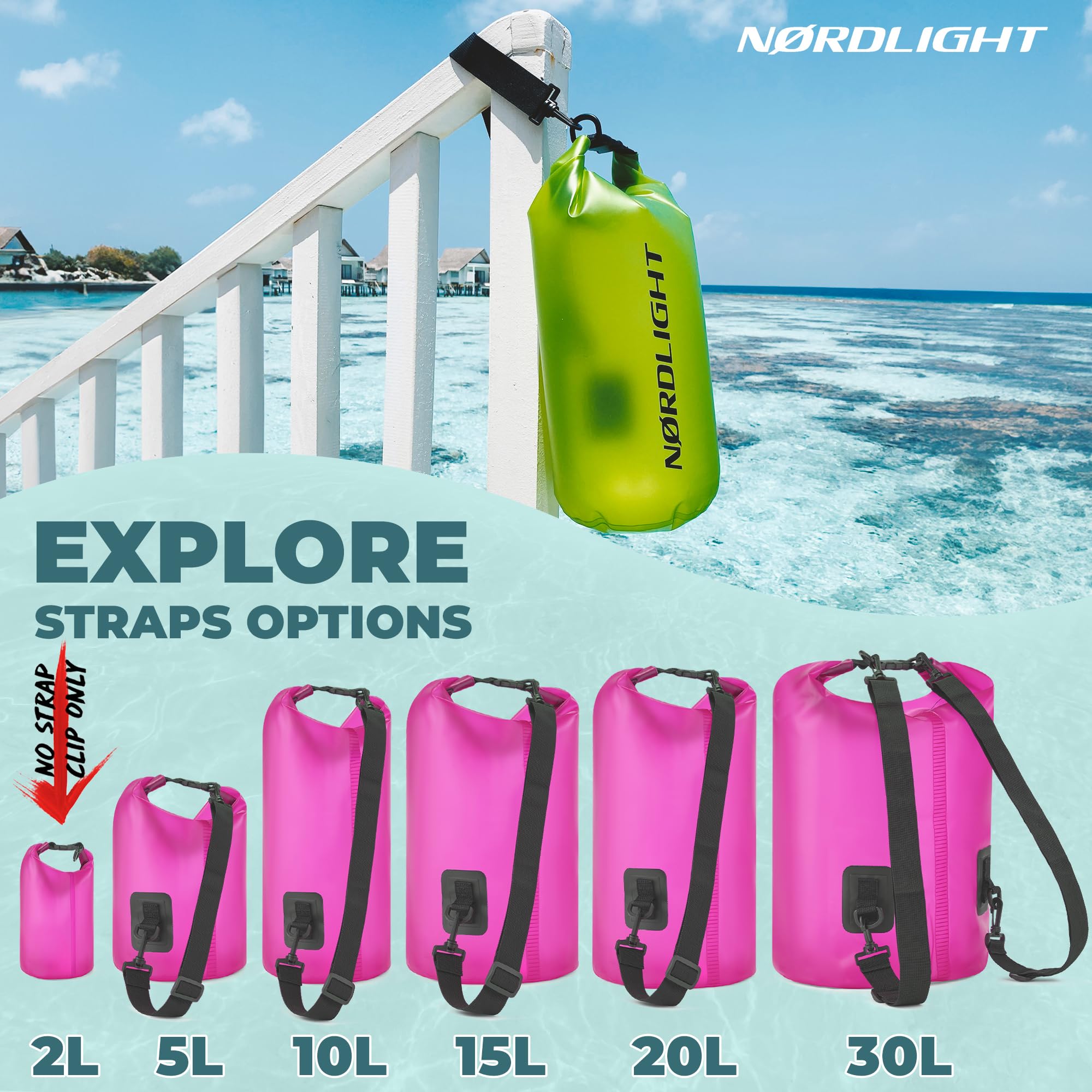 Nordlight Dry Bag e borse impermeabili - zaini impermeabili da 2l, 5l, 10l, 15, 20l, 30l, ccon chiusura a rotolo e tracolla con custodia impermeabile per cellulare e marsupio