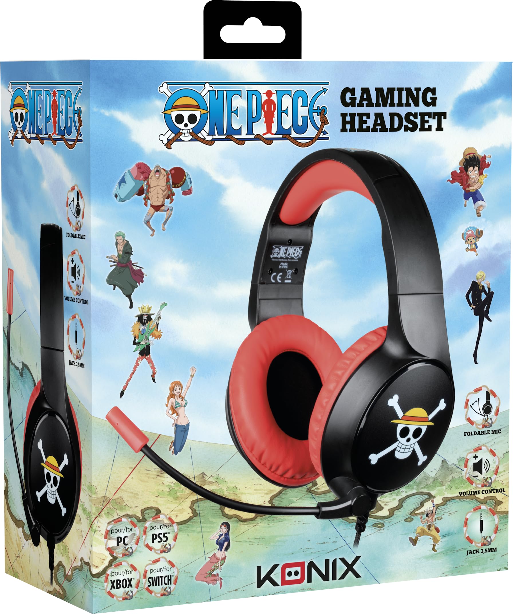 Konix Cuffie da gioco cablate One Piece per PC, PS4, PS5, Switch, Xbox One e Series X|S - Microfono - Cavo da 1,5 m - Connettore jack da 3,5 mm - Modello Luffy