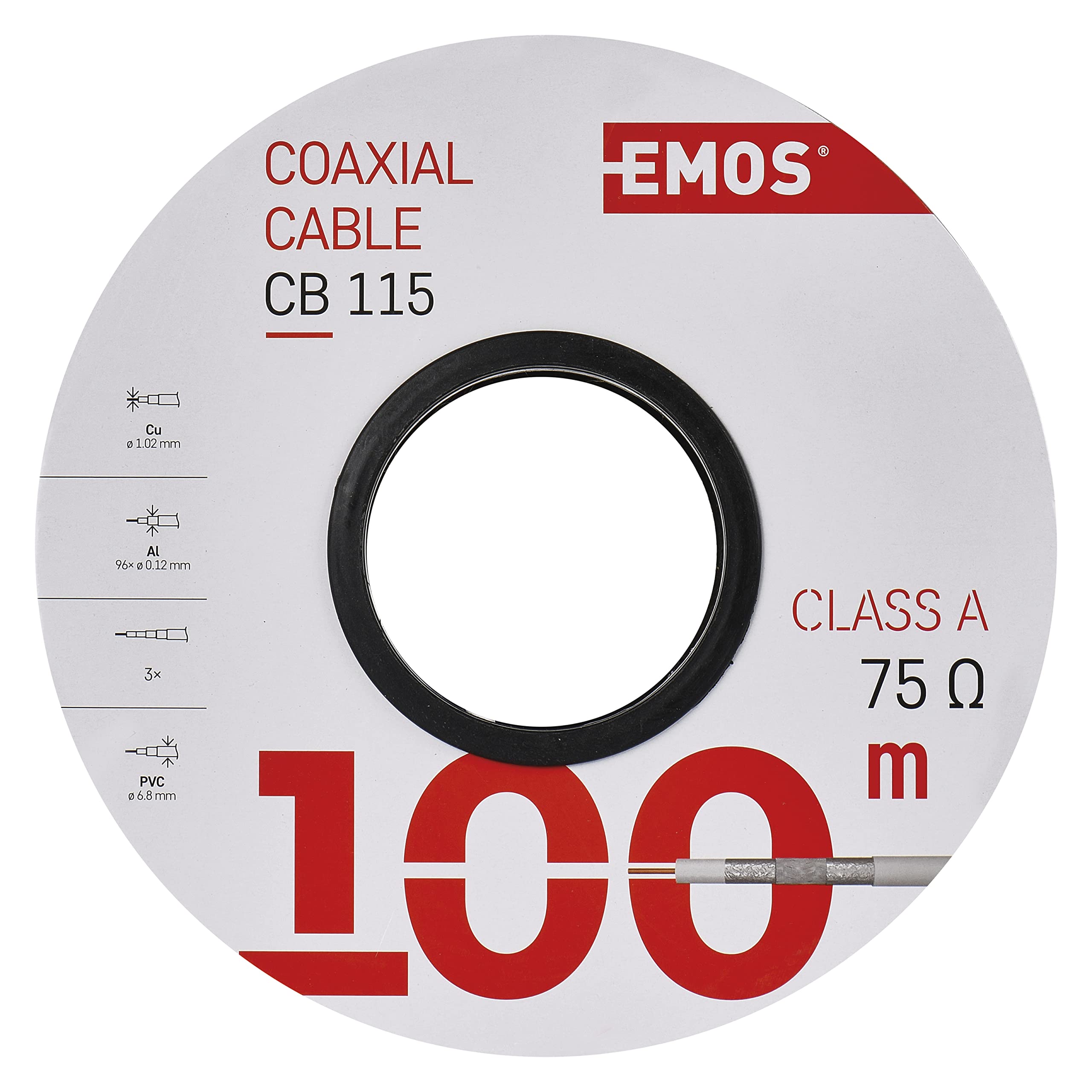EMOS Kabel antenowy 100 m biały, kabel koncentryczny CLASS A do SAT, TV i CCTV, typ CB115, potrójnie ekranowany kabel telewizyjny, kabel satelitarny o wymiarach ekranowania 100 dB, opór 75 omów