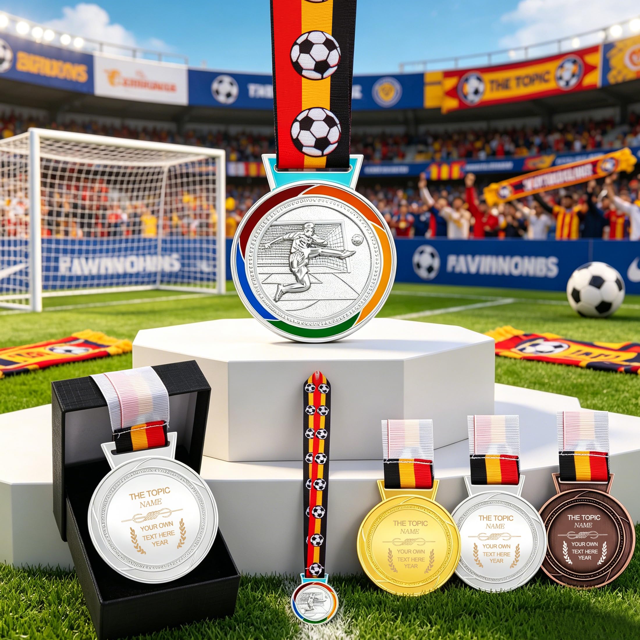 Uloveido Individuelle Fußballmedaille mit Deutschland Flaggenband, 3D Fußballspieler Design, Gravur oder QR-Code Rückseite, Schulsportturnier YA6969