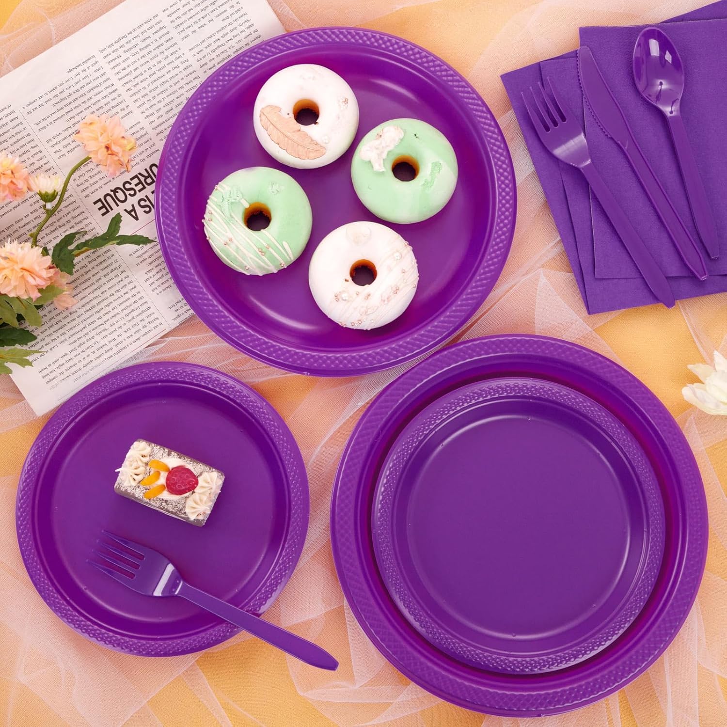 MirthMood 350Pcs Purple Party Supplies, Purple Plastic Dinnerware Set, Including Plates and Napkins, Plastic Cutlery and 12OZ Cups
