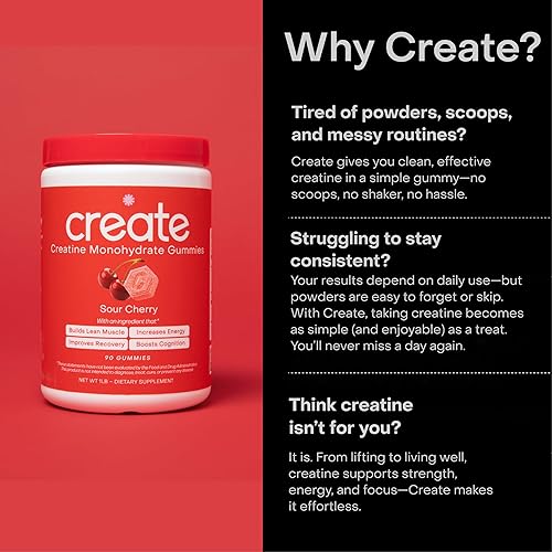 Miniatura 5 de Create - Gomitas de creatina monohidratada con 1.5 g de creatina por gomita para fuerza muscular, resistencia, recuperación y concentración veganas,