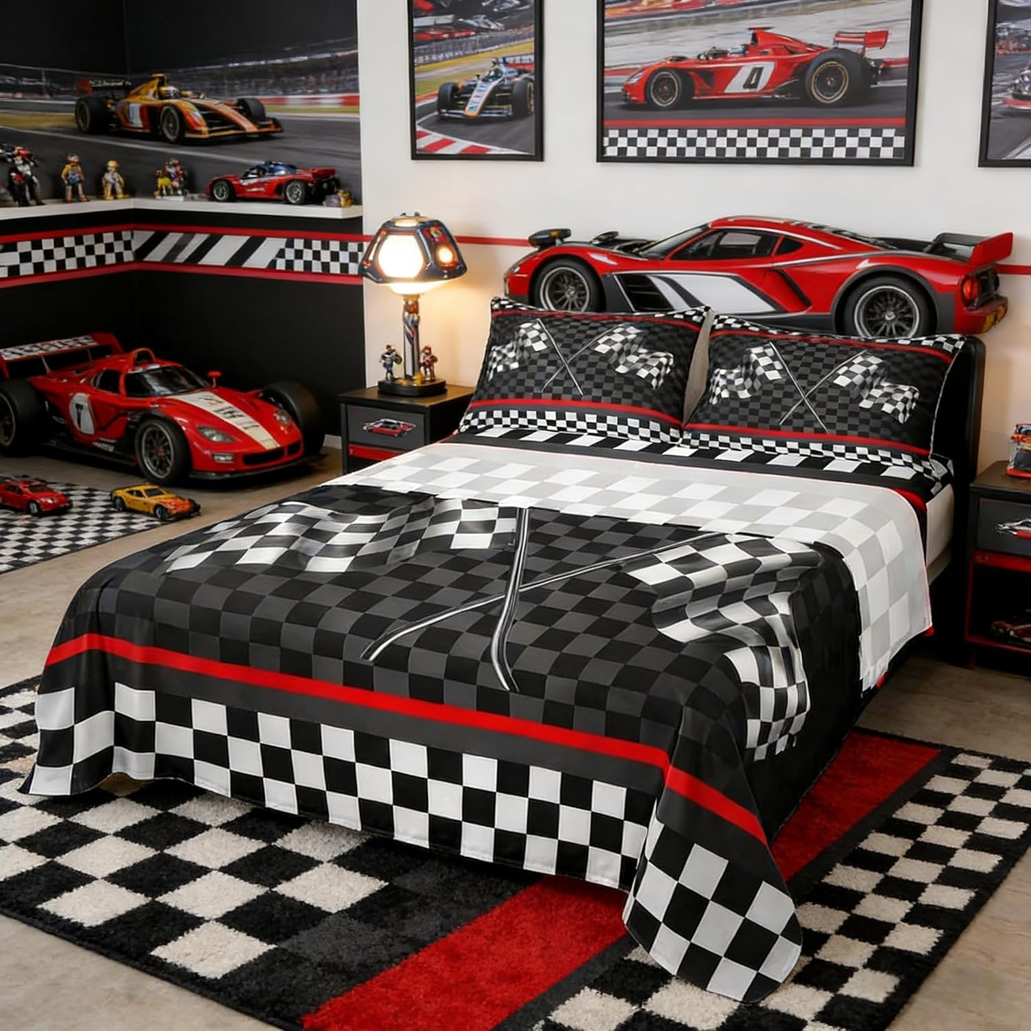 Racing Car Kids Sheet Queen Size,Boys Girls Adults Bedroom/Gamer Decor,Flags Checkered Grids Geometric Bedding Set,Modern Sports Stylish Black White Bed Sheet Set 4pcs(Fitted + Flat + 2 Pillowcases)