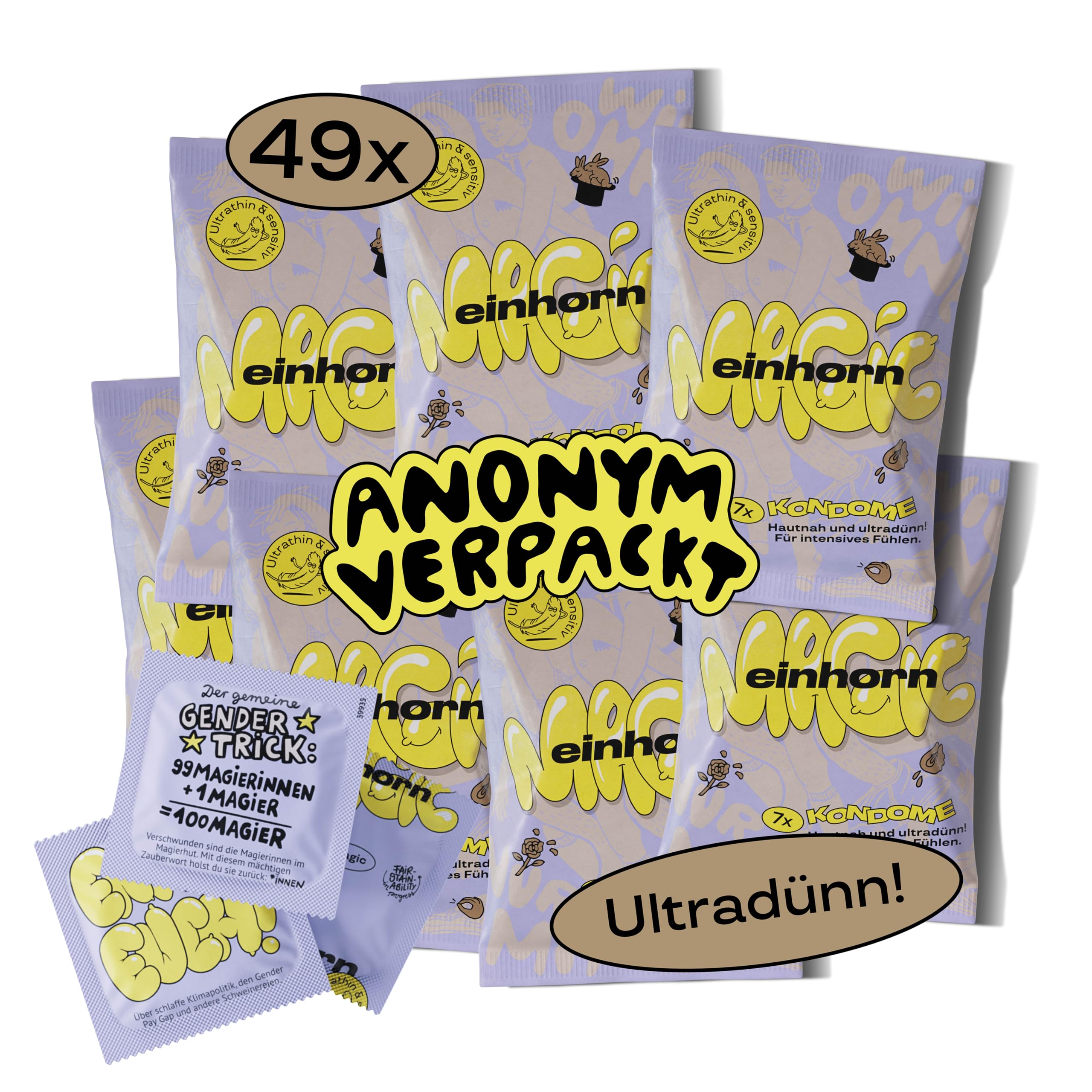 einhorn ultra dünne Kondome I Jahresvorrat Magic im Geheimpaket I 49 Stück I Standardgröße 53 mm I vegane, hormonfreie Verhütung I natürlicher Gleitfilm I nachhaltig und sichere