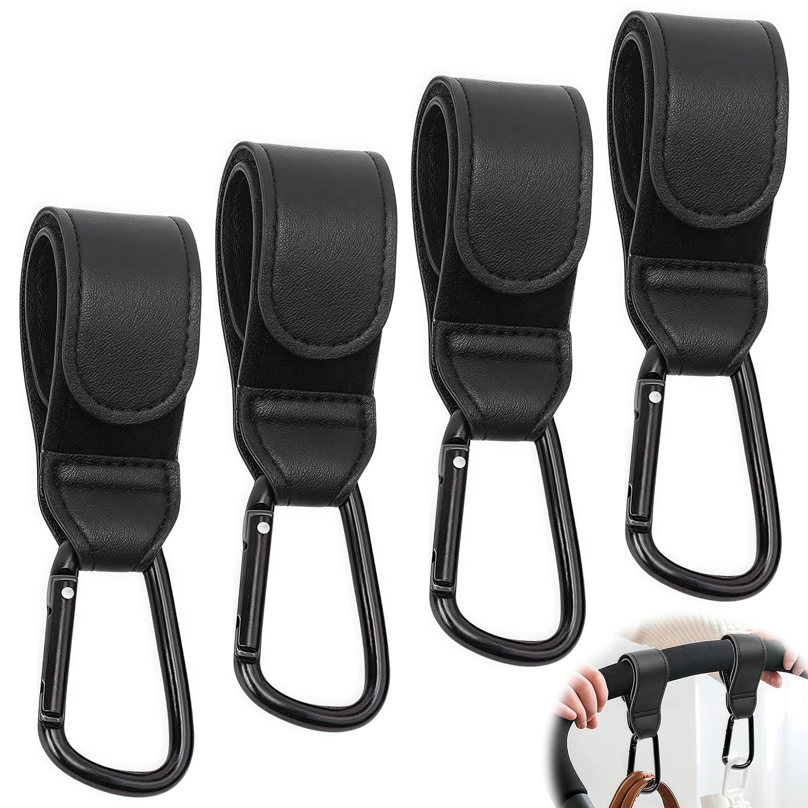 4 Stück Kinderwagen Haken, Wefaly Universelles Kinderwagen Haken für Taschen PU-Leder Karabinerhaken Kinderwagen für Stroller Kinderwagen Anhänger Rollator Fahrradanhänger (Schwarz)