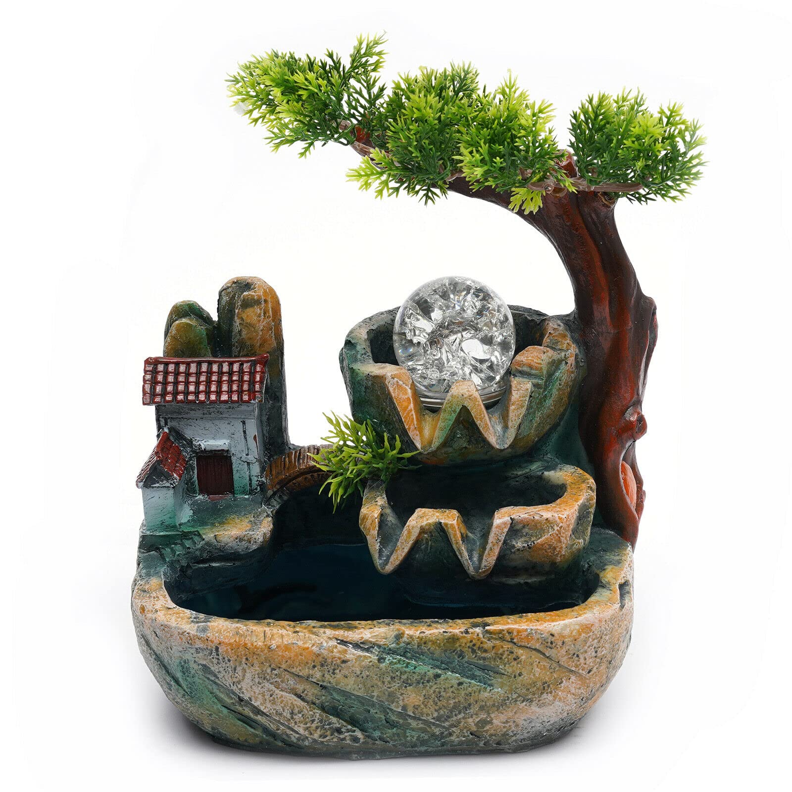 Futchoy Kamerfontein tafelfontein met ledverlichting en luchtbevochtiger Rockery groene plant desktop ornament voor kantoor en woonkamer, cadeau, kamerdecoratie, 25 x 20 x 15 cm