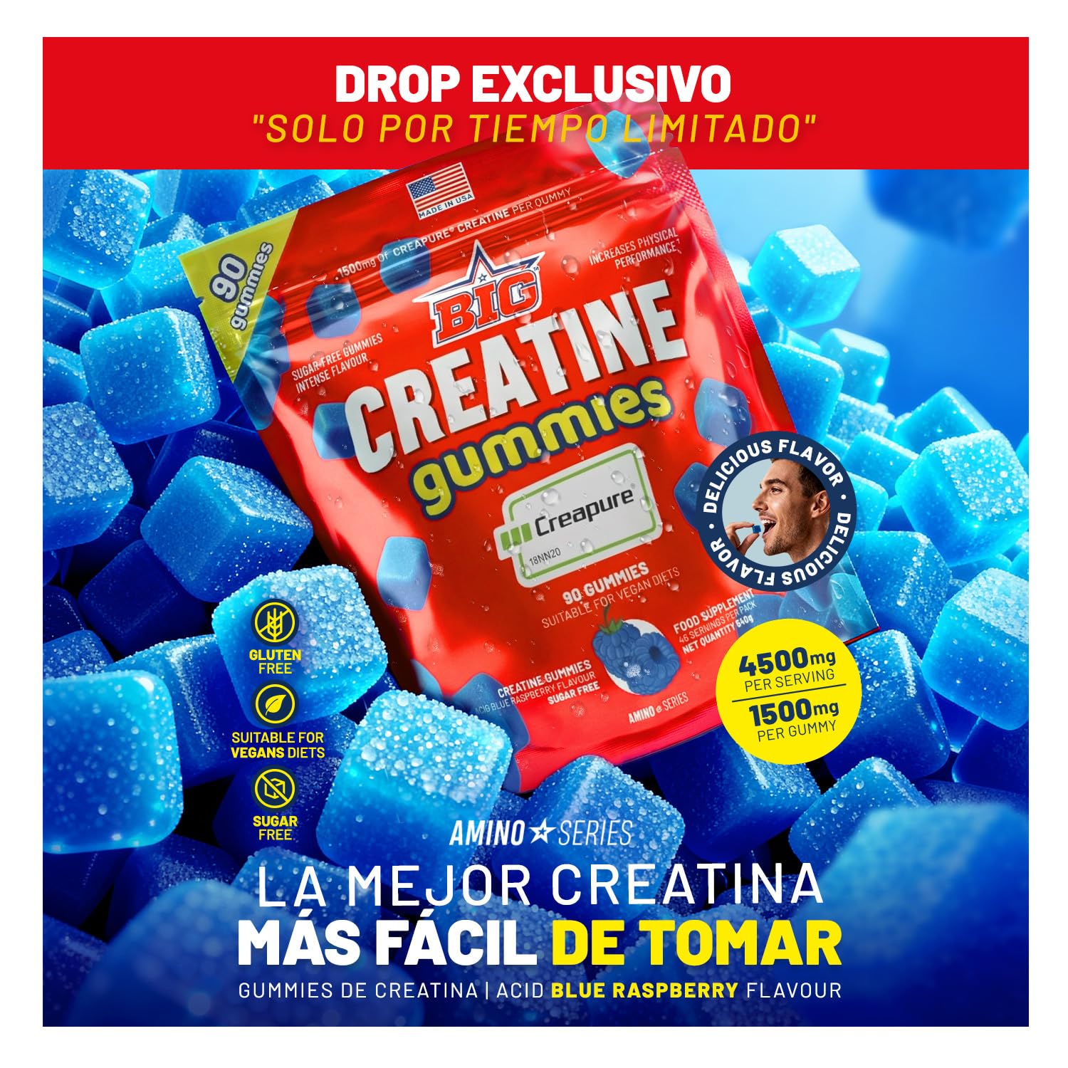 BIG - Gominolas de Creatina Monohidrato Creapure Sabor a Frambuesa Acida, 90 Gummies para Entrenamiento de Fuerza y Masa Muscular, Textura Suave, Megadosis 4.5g por toma (45 tomas)
