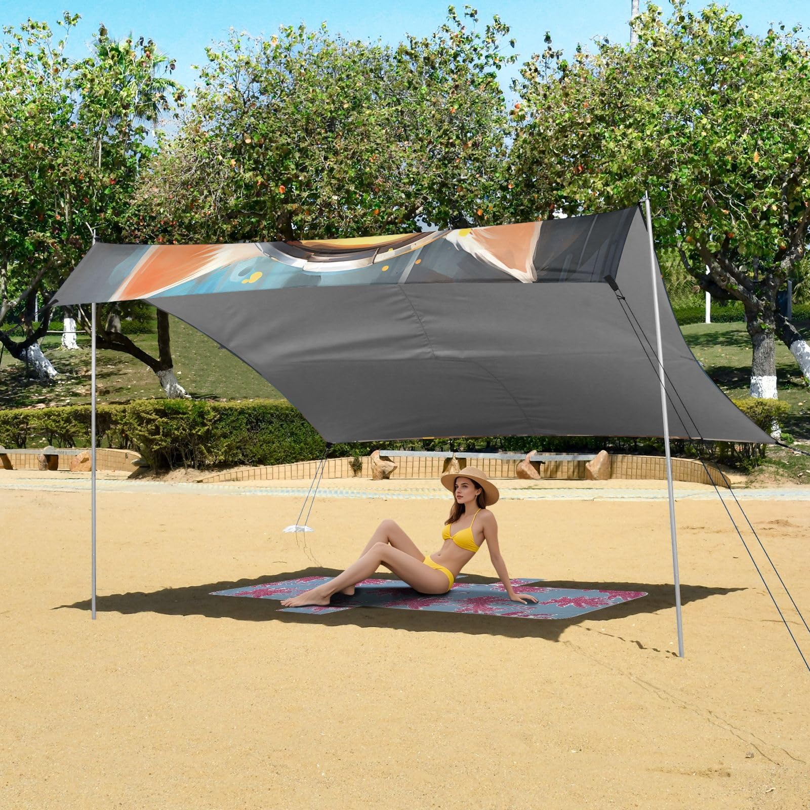 Coole Katze Soldat Kunstwerk Strandzelt Sonnenschutz Camping-Vordach,Einfach Aufzubauen,Tragbar mit Sandsäcken für Angeln und Picknick im Freien