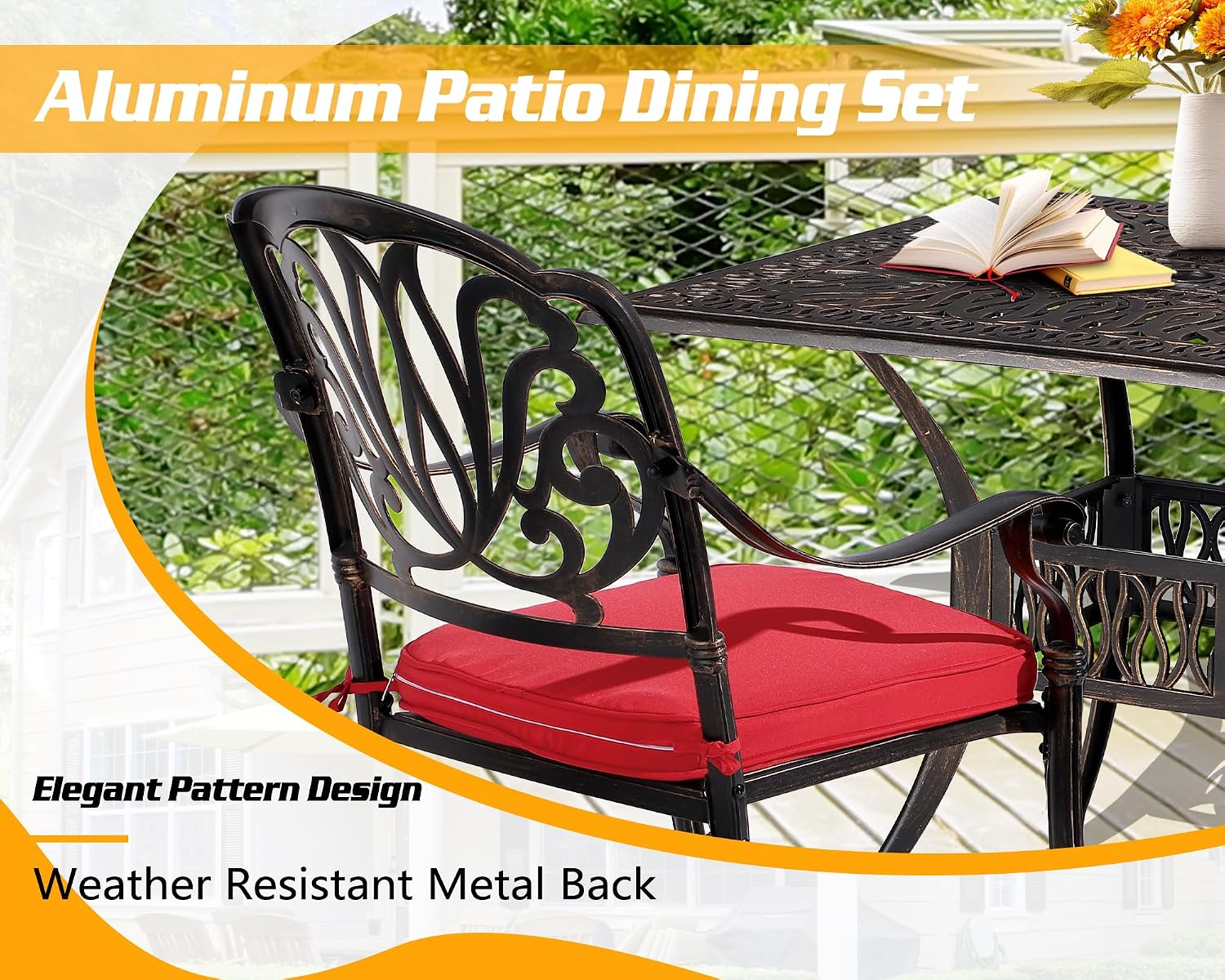 TITIMO 5-Piece Outdoor Patio Dining Set,Cast Aluminum Furniture Patio Conversation Set All-Weather Includes Square Table with Umbrella Hole for Patio Garden Deck, Flower Design (Red)