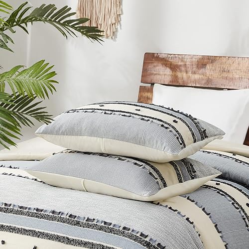 Miniatura 5 de Juego de edredón azul bohemio Queen, ropa de cama moderna de tamaño matrimonial, parte superior de algodón con rayas jacquard recortadas de estilo