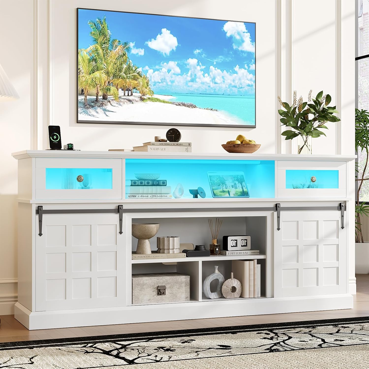 Naice TV Stand for 80 Inch TVs, LED Entertainment Center with Power Outlet, Farmhouse TV Stand w/Drawers & Sliding Barn Door, Media Console with Storage Cabinets for Living Room, White&Brown