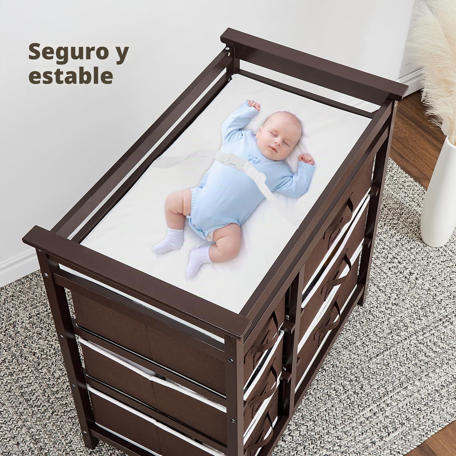 GarveeHome Cambiador de pañales moderno de madera con 6 cajones - Colchoneta incluida - Almacenamiento amplio y multifuncional - Ideal para recién nacidos y guardería - Color marrón