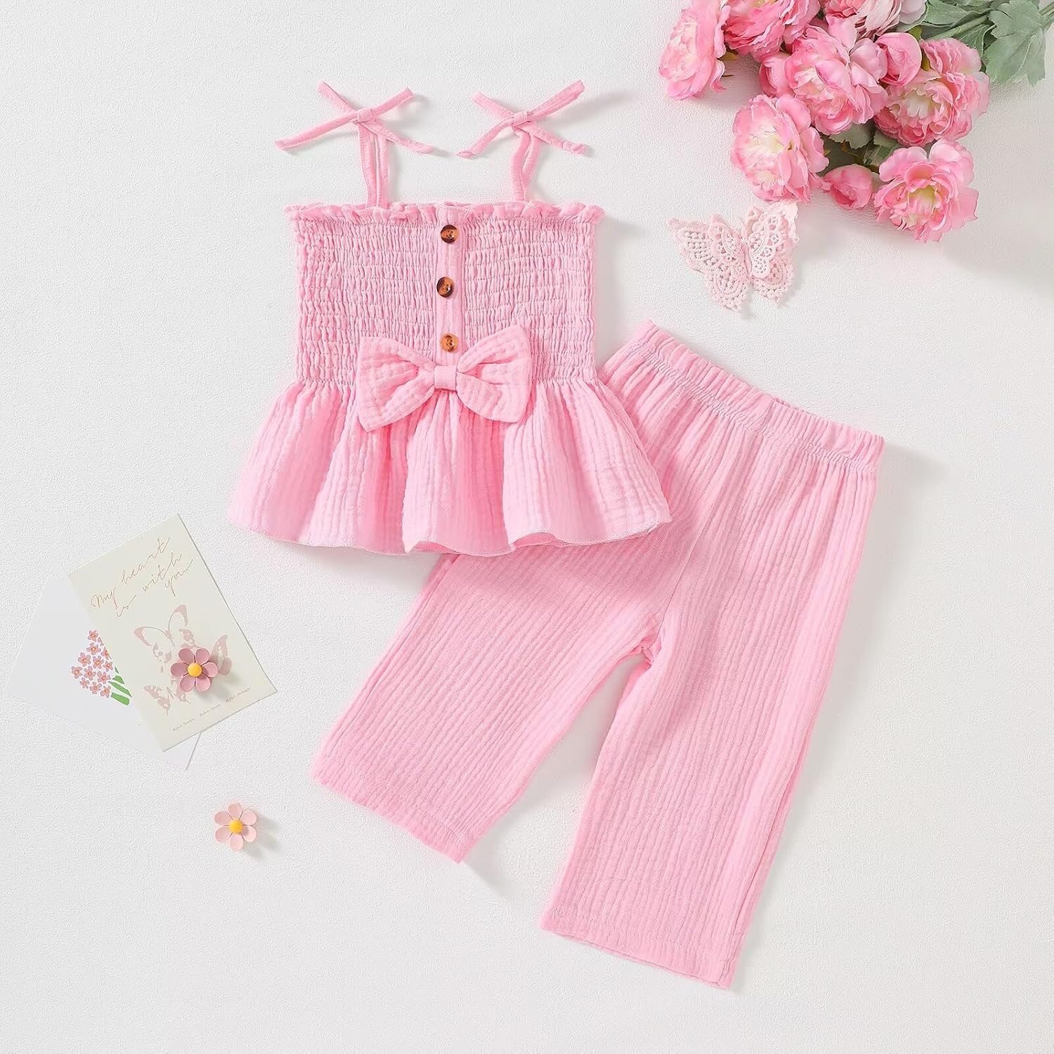 Toddler Baby Girl Summer Clothes Cute Girls Outfits Sleeveless Button Bow Camisole Pants Set 9 Months-4T