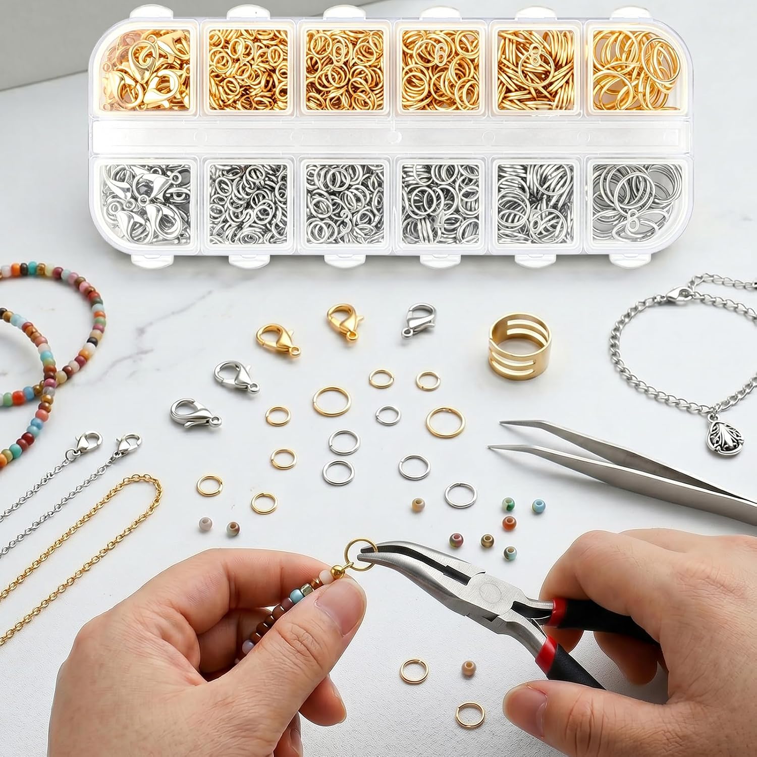 1200 Pcs Open Jump Rings, Jump Rings for Jewelry Making, Necklace Keychain Repair Kit with Making Tools Tweezer, Plier, Lobster Claw Clasps, Open Rings for DIY Crafts Keychains