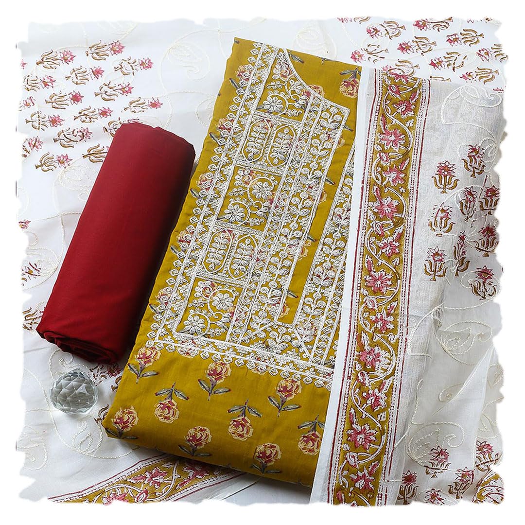 Green Printed Cotton Blend Unstitched Suit With Pant & Dupatta-image-48