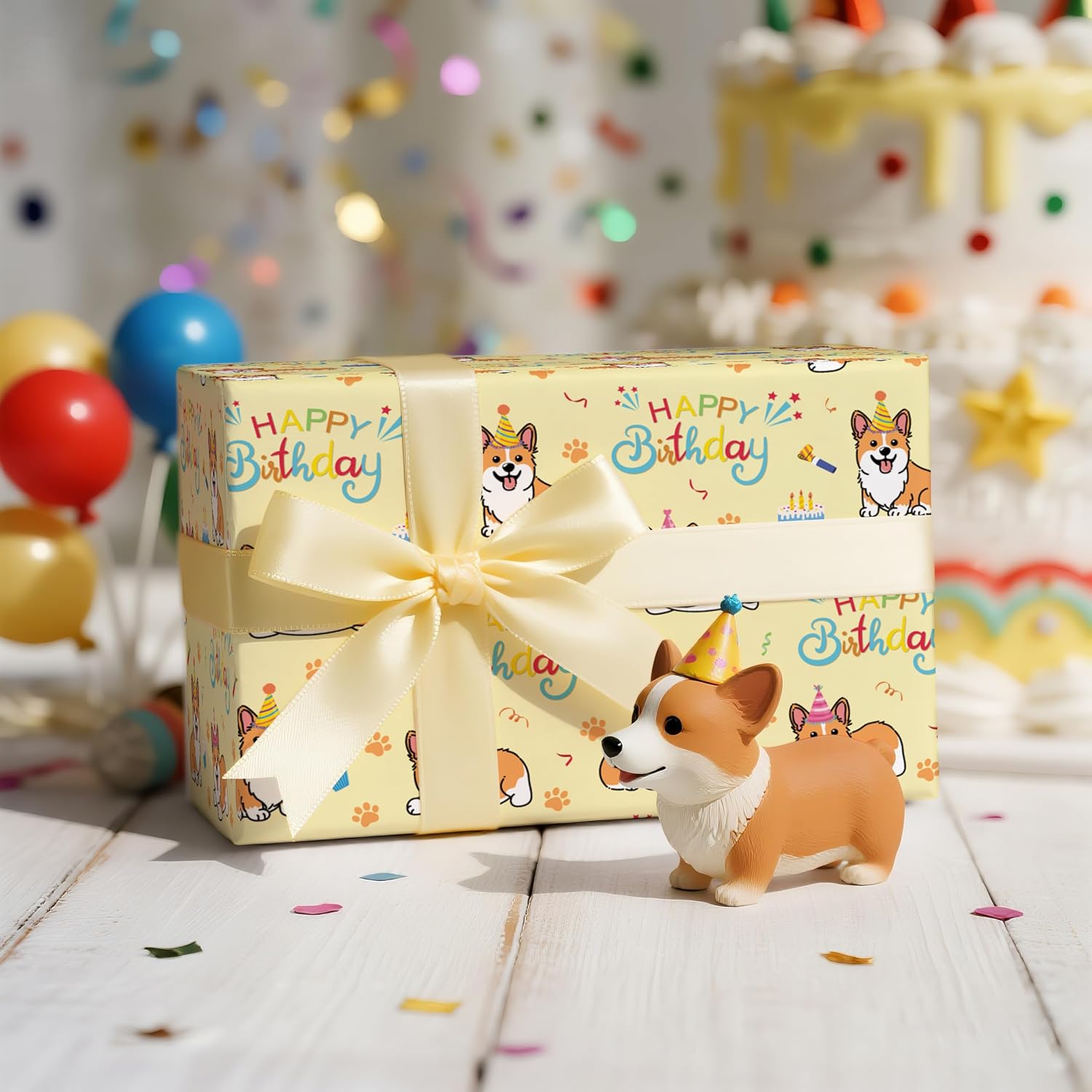 LeZakaa Corgi Birthday Wrapping Paper Roll, Cute Corgi Dogs Cake Party Elements Birthday Gift Wrap for Dog Lovers, Kids, Mini Roll 17 In x 16.4 Feet
