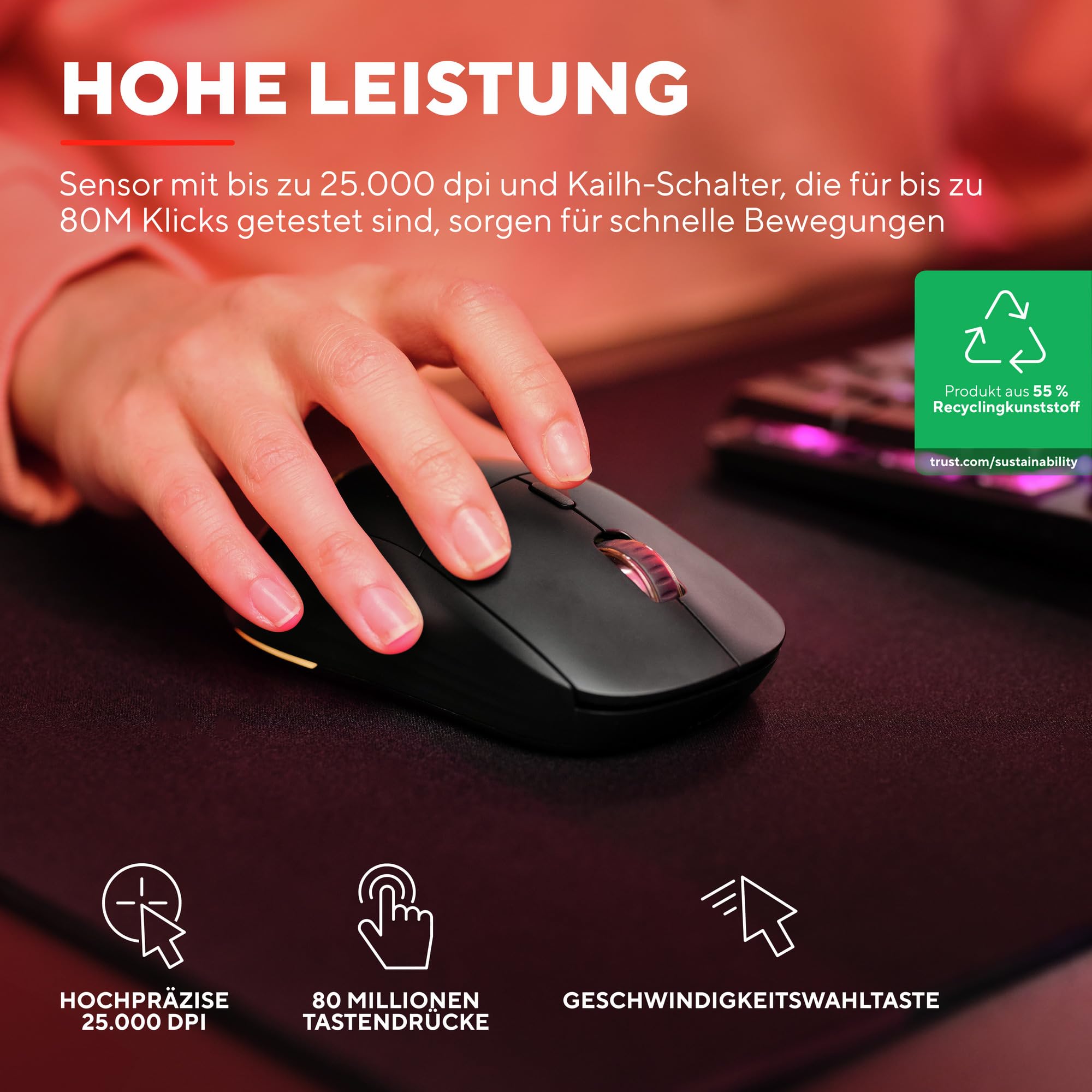 GXTrust Redex+ Gaming Maus Kabellos 25K DPI 2.4GHz Kailh-Schalter, Schwarz | 94 Stunden Akkulaufzeit, 6 Programmierbare Tasten, RGB Wiederaufladbar, Laptop Computer
