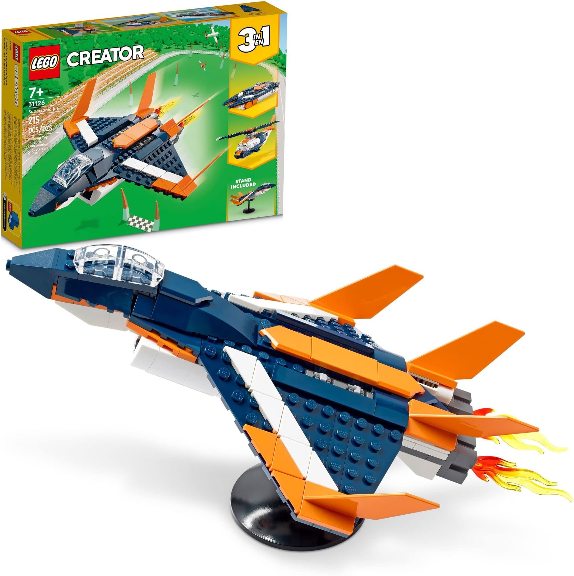 Creator 3 in 1 Supersonic Jet Plane Toy Set, Transforms from Plane to Helicopter to Speed Boat Toy, Buildable Vehicle Models for Kids, Boys and Girls 7 Plus Years Old, 31126