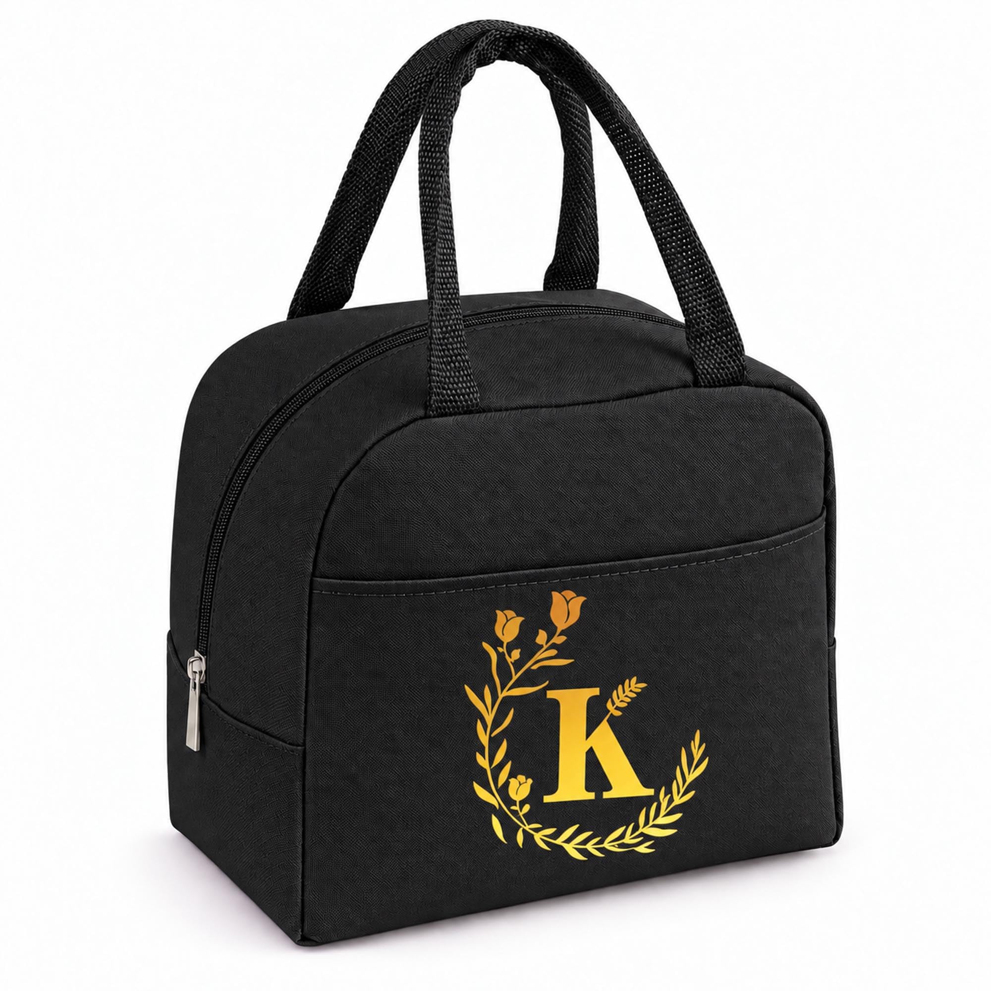 Personalized Black Initial Letters Insulated Lunch Bag for Women Men Kid-K