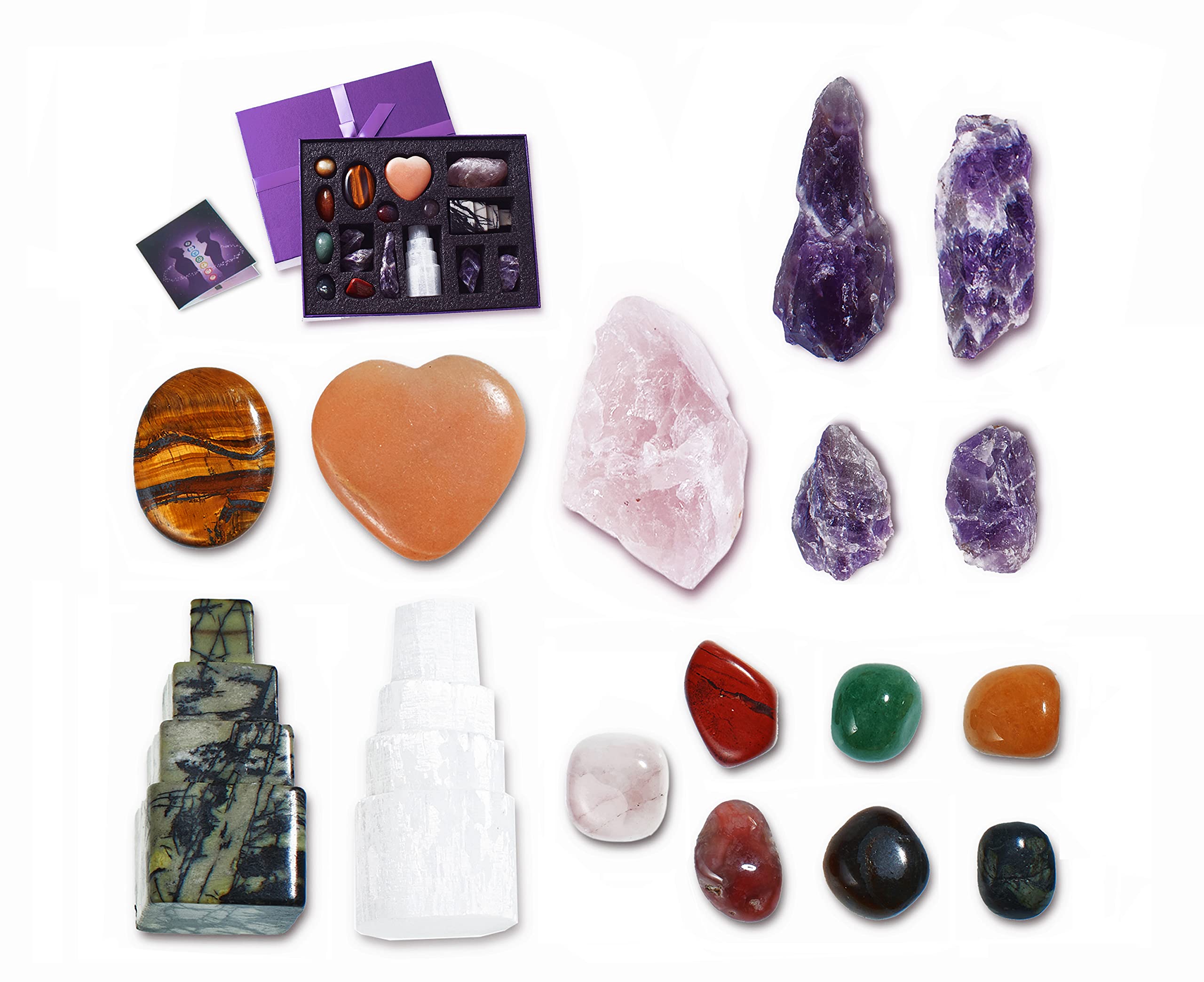 HANGFEIBAC Crystals Healing Stones Sets,7 Chakra Set Tumbled Stones/4-9 Amethyst Raw Crystal/1 Raw Rose Quartz/1 selenite skyscraper/1 Black Tower/1 Tiger Eye Thumb Worry Stone/1 Rose Quartz Heart