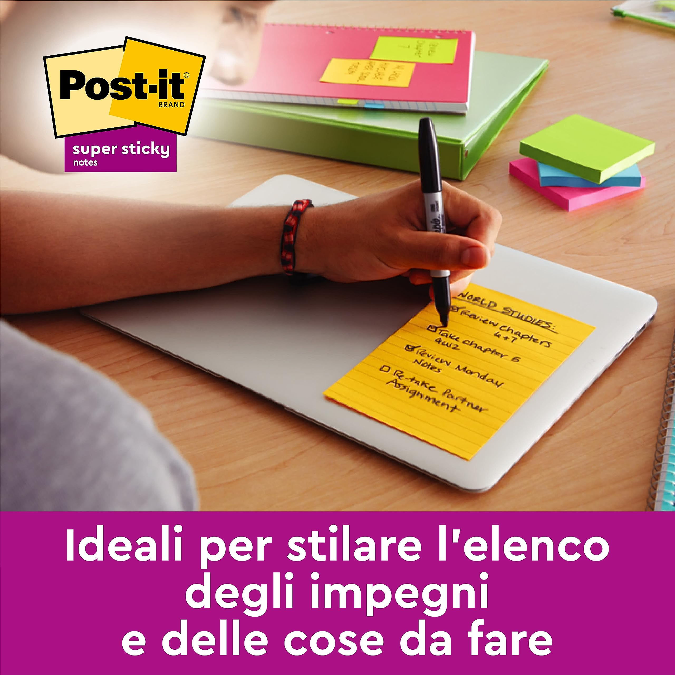Foglietti Post-it Super Sticky, colori assortiti, a righe, 101 mm x 152 mm, 90 foglietti/blocchetto, 4 + 2 blocchetti GRATIS/confezione