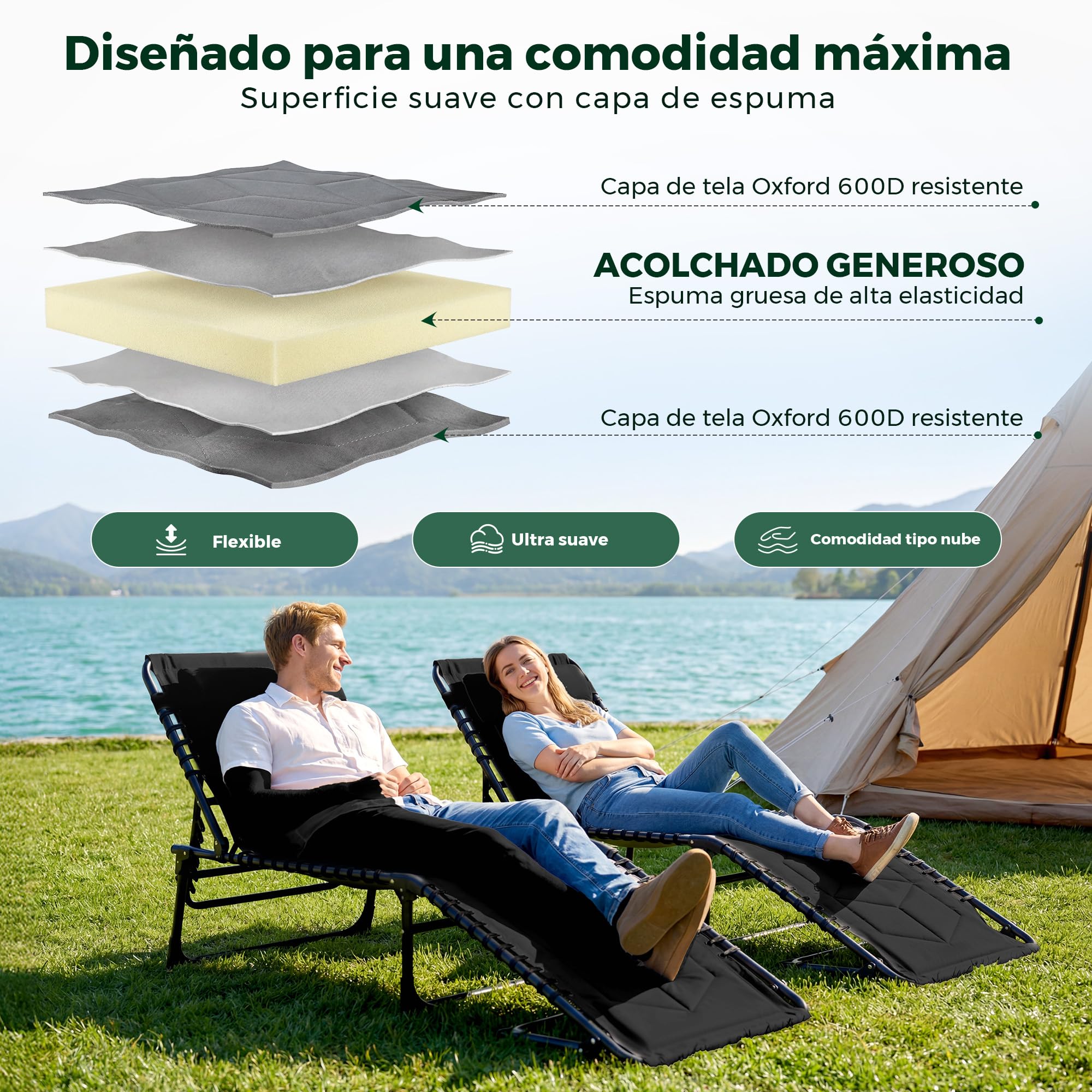 Palawano Tumbona Plegable con Respaldo Ajustable 5 Posiciones, Cama de Camping con Cojín, Tumbona Exterior Portátil para Jardín, Playa, Piscina, Balcón e Interior (Negro)