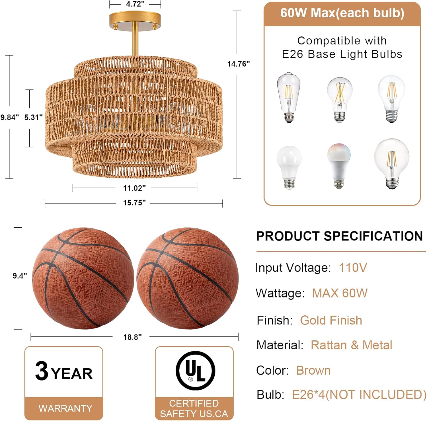 4-Light Rattan Ceiling Light Fixture, 15.7" Semi Flush Mount Boho Ceiling Light, Wicker Light Fixture with 3-Tier Hand-Woven Drum Shade, Farmhouse Rattan Chandelier for Dining Room Living Room Bedroom