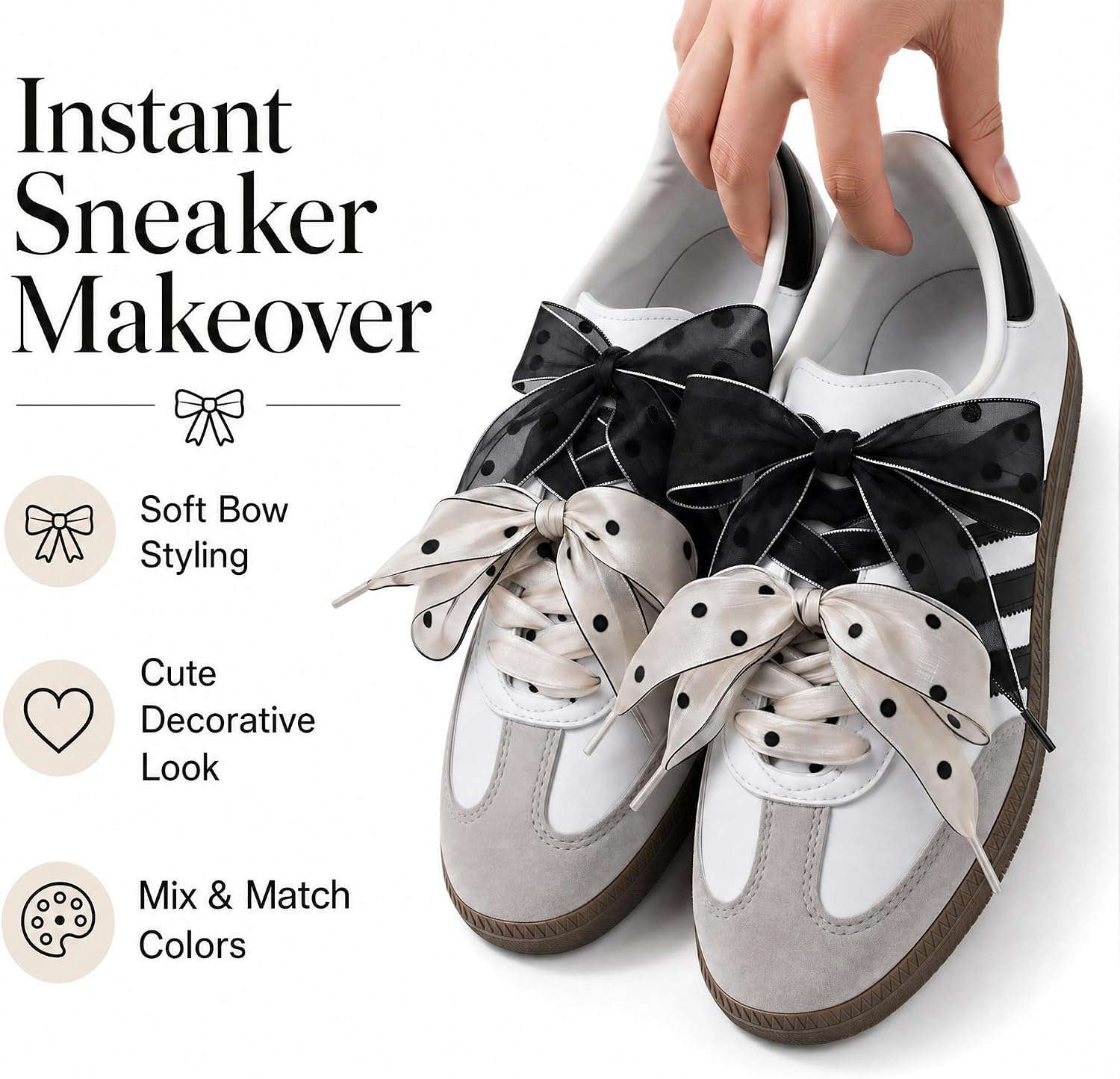 Womens Polka Dot Organza Ribbon Shoe Laces for Sneakers, 2 Pairs