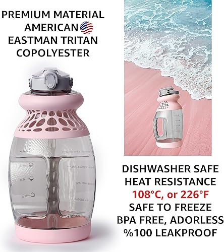 Miniatura 6 de Botella de agua ergonómica prémium American Tritan de 1 galón con tiempo, medición, popote, manga, motivatinal, 128 onzas, apta para lavavajillas,