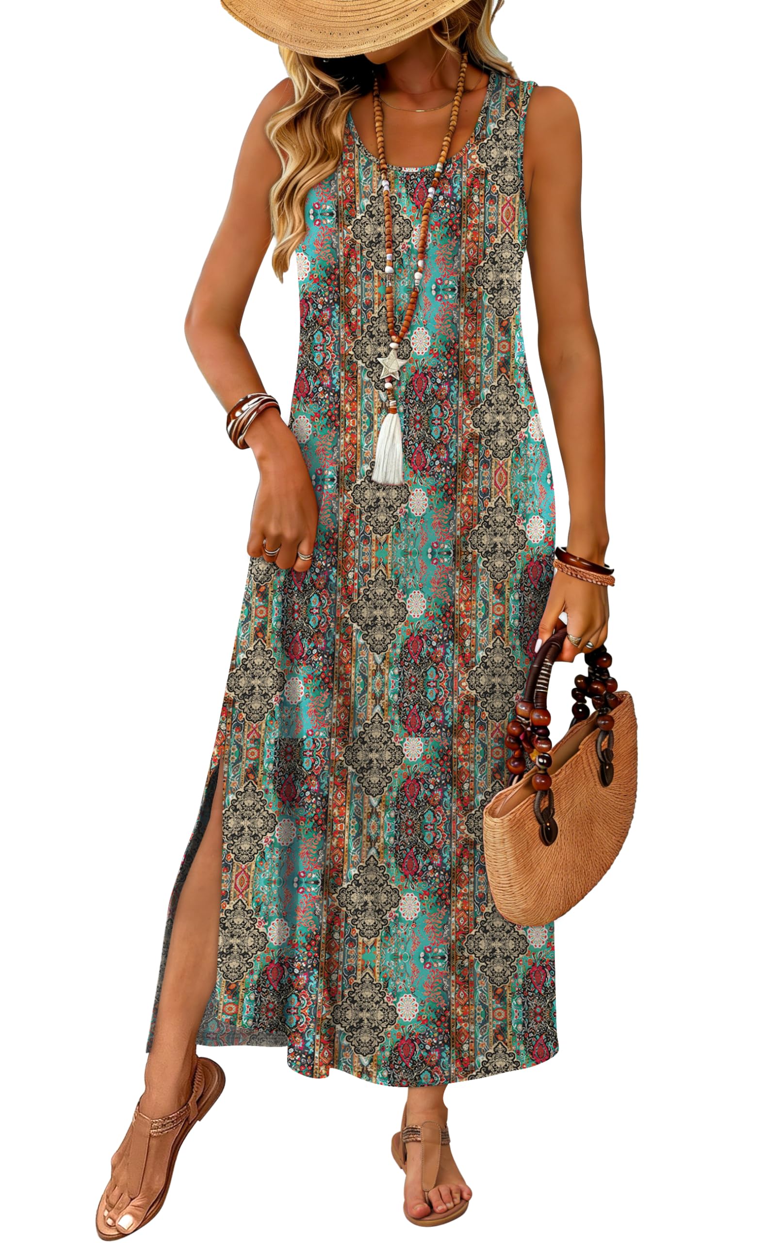 WIHOLL Maxi Dress Summer Dresses 2026 Beach Vacation Clothes Sleeveless Sundresses with Pockets Boho S-3XL