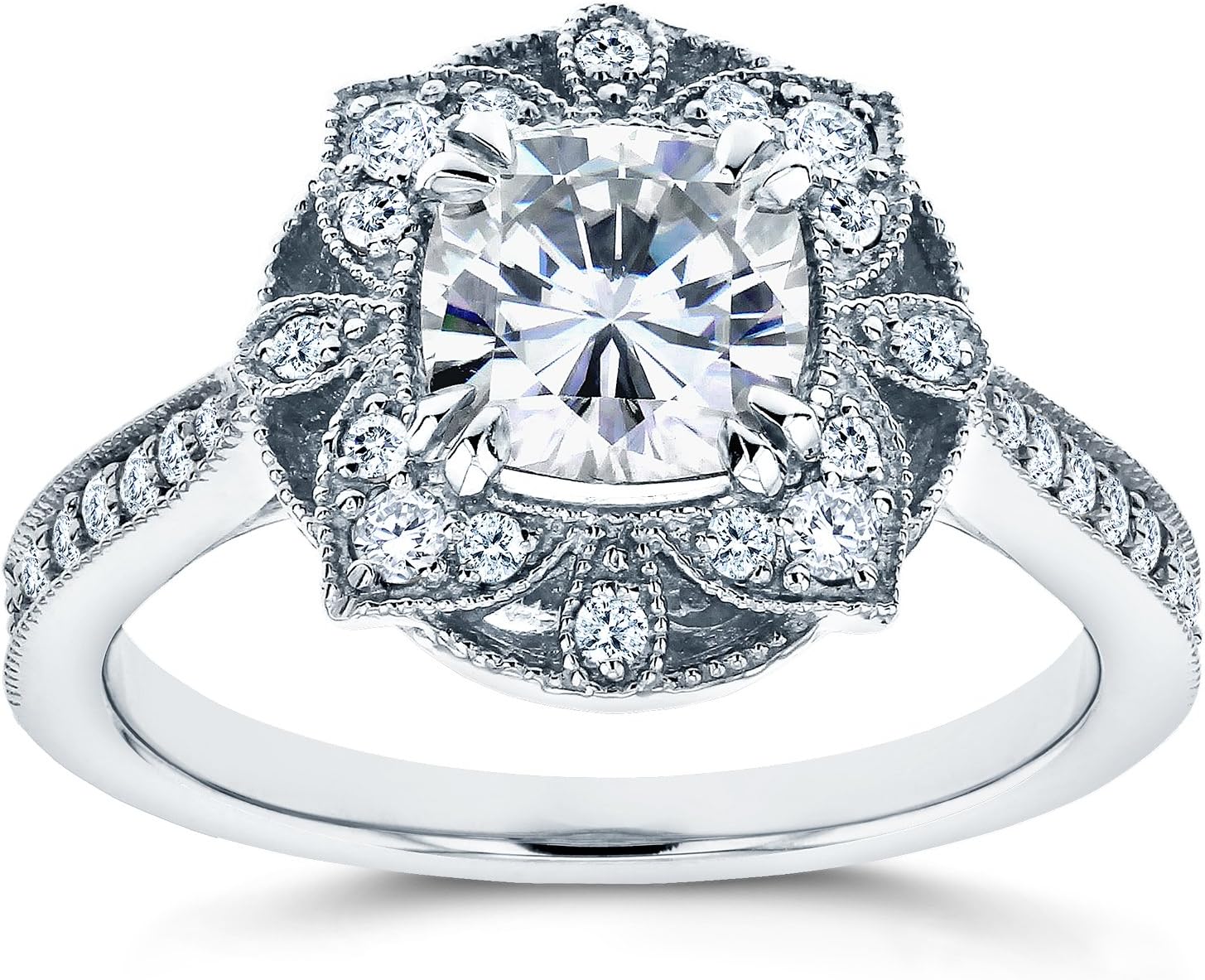 Kobelli Antique Style Floral Forever One (D-F) Moissanite Engagement Ring 1 1/3 CTW 14k White Gold