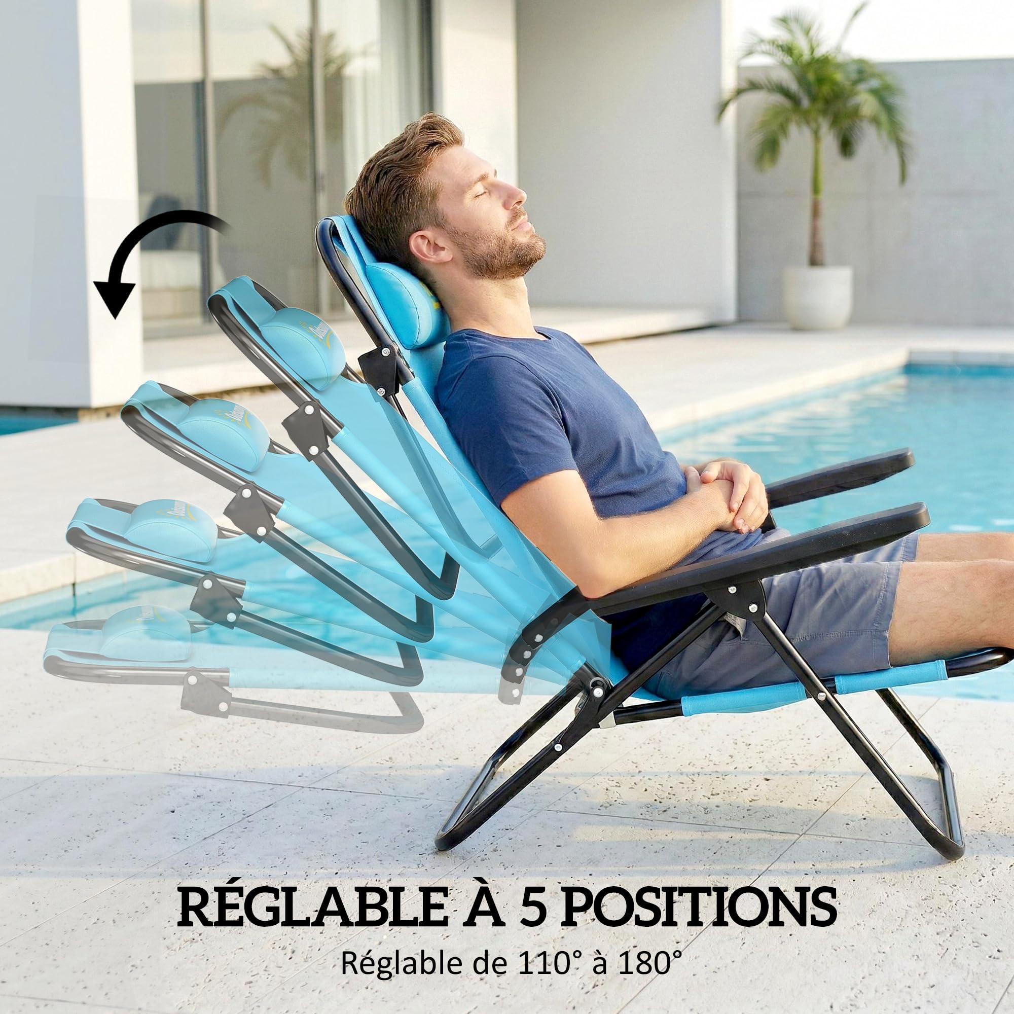 Outsunny Lot de 2 Chaises de Plage Pliable, Chaise Camping Pliante à 5 Positions avec Dossier, Appui-tête et Accoudoirs, pour Jardin Pique-Nique Festival Voyage, Bleu Clair