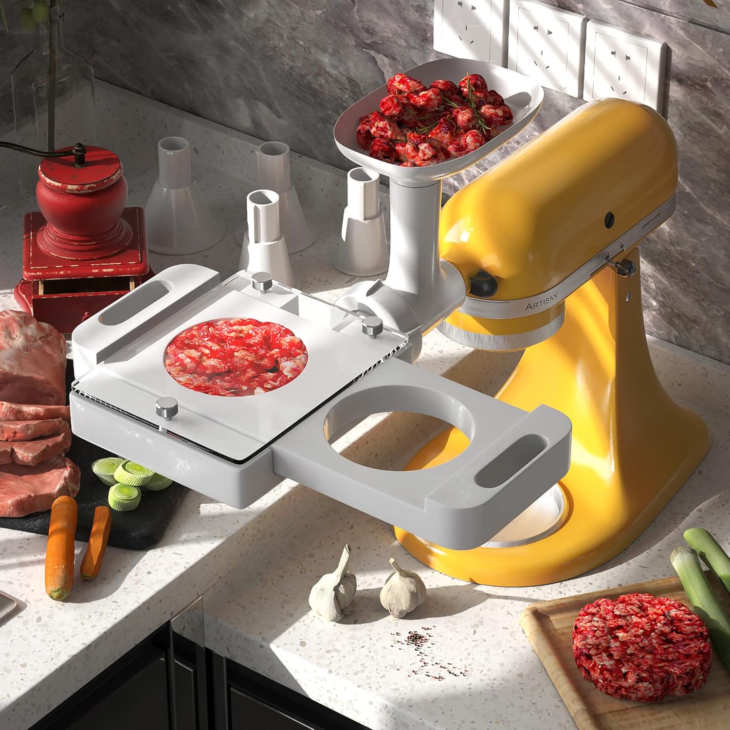 Besuerte Burger Press Patty Maker, Auto Hamburger Patty Maker with 5 Adapter Tubes Compatible With Kitchenaid Food Grinder Attachment and LEM Meat Grinders